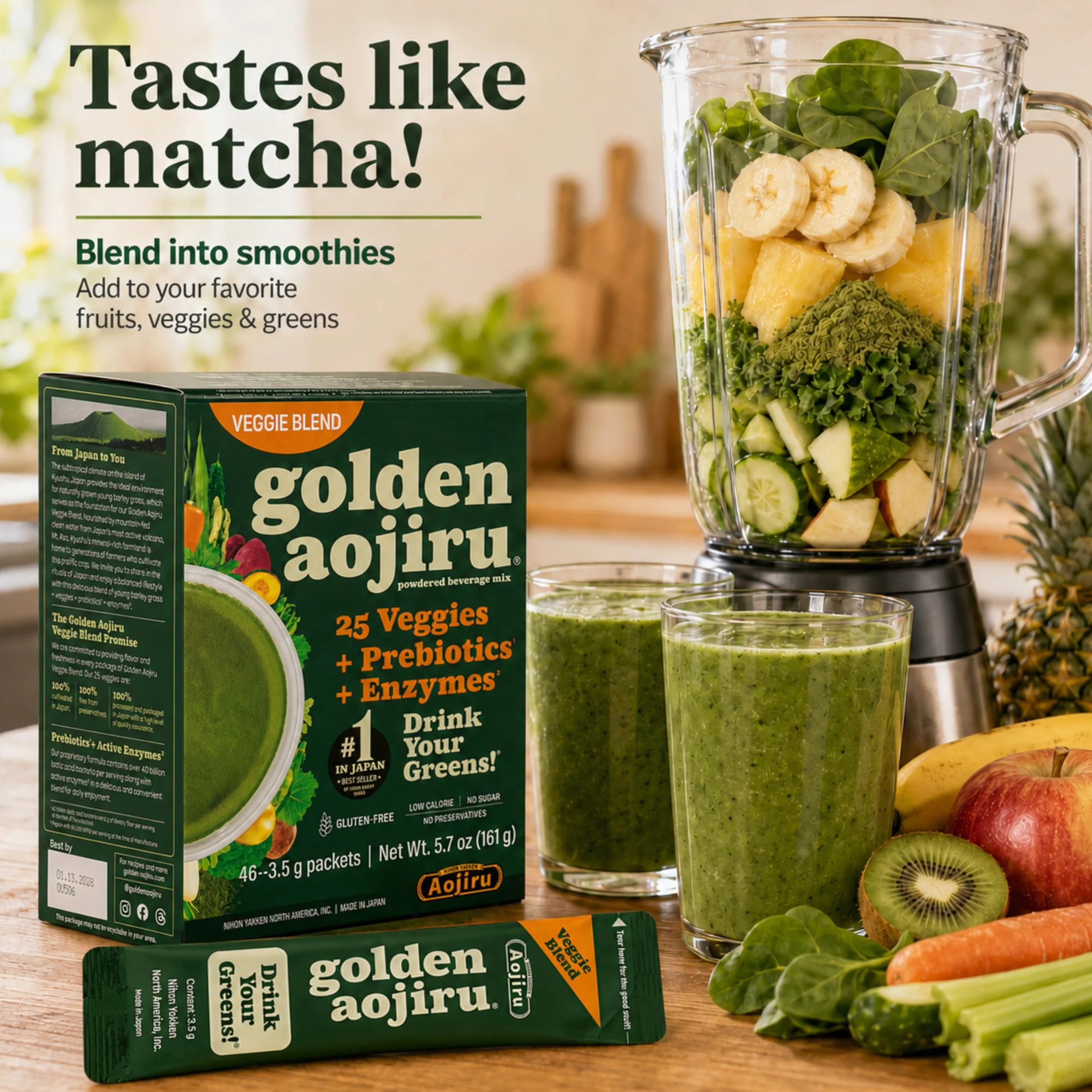 Golden Aojiru Veggie Blend - Greens Powder with 25 Superfood Vegetables, Gluten-Free, Low Calorie, No Sugar, 46 Packets - Made in Japan