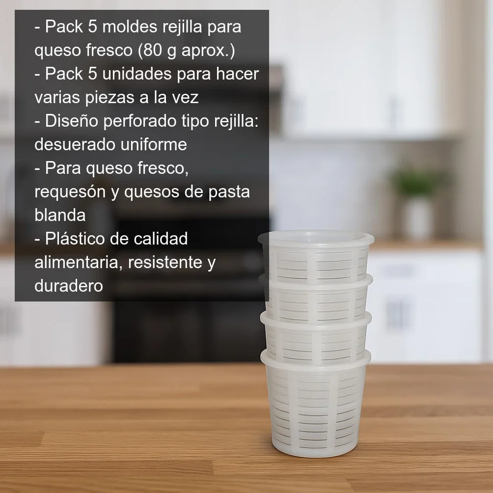 Pack 5 Moldes Rejilla para Queso Fresco 80 g Individuales Plástico Alimentario Perforado para Drenaje de Suero Requesón Cuajada Quesos Blandos Caseros