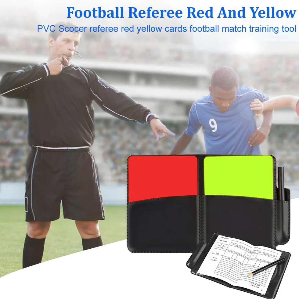 Juego de cartas de árbitro deportivo con tarjeta roja amarilla y bolsa para fútbol