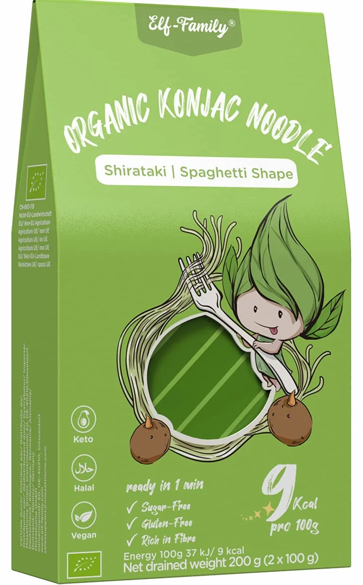 Elf-family Bio Pasta Konjac Keto Carbohidratos Ultrabajos/Vegano/Sin Gluten 270 g x 1 cajas(2 paquetes), Fideos Konjac Noodles Shirataki Noodles/Sin azúcar/Bajo en Calorías - Spaghetti