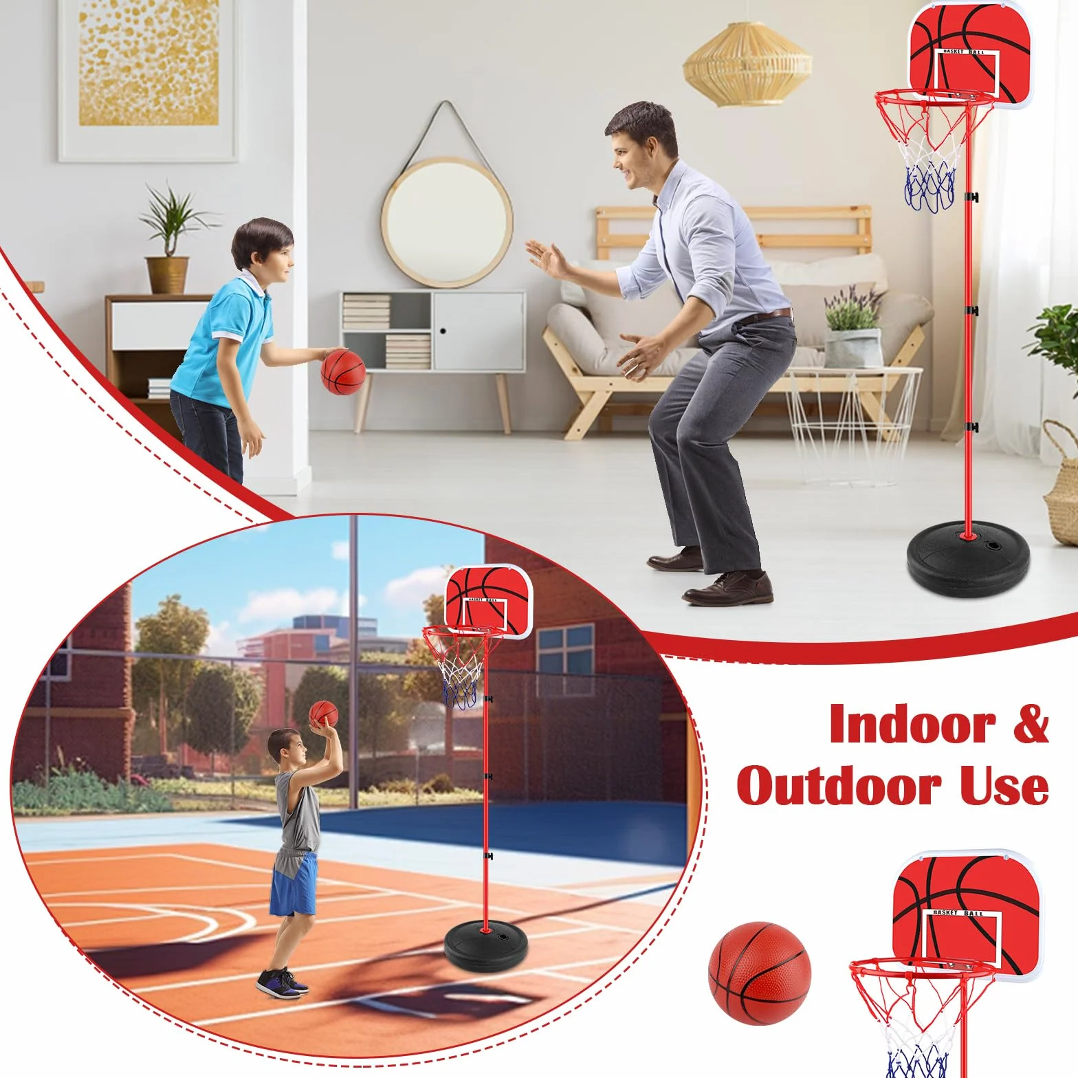 Canasta Baloncesto Infantil Aro Basket Niños Base Exterior Altura Regulable 60-150cm Kit 2 Pelotas Bomba