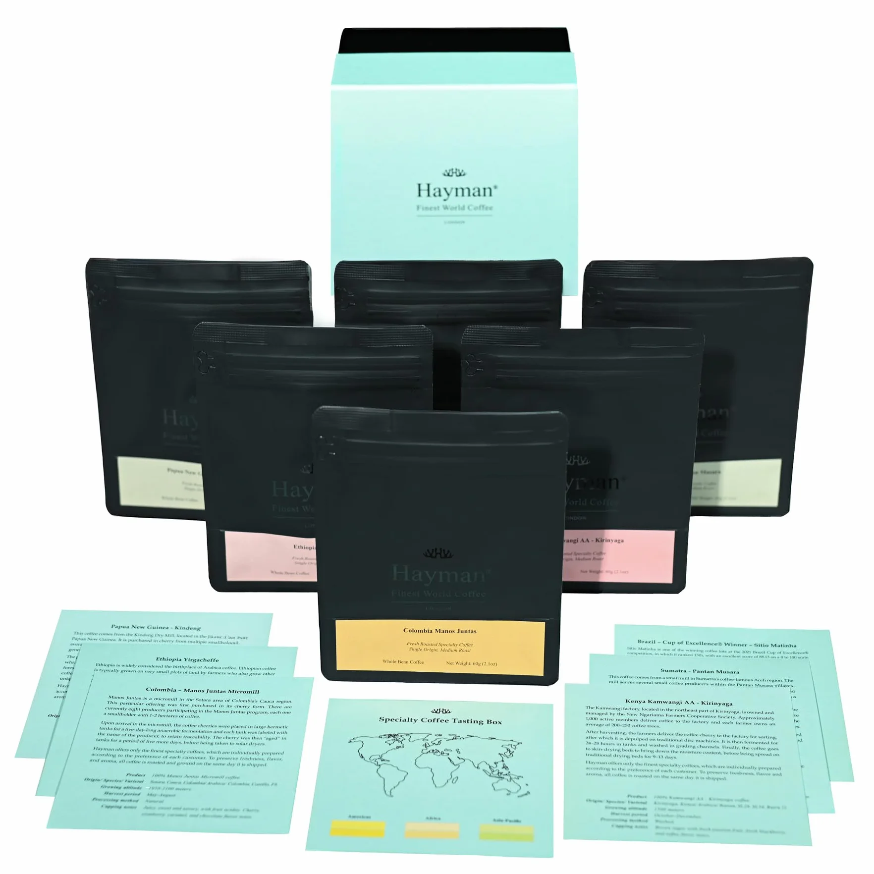 Hayman, Caja de Degustación de Cafés Especiales, Paquete de 6 Selecciones de Cafés Gourmet, Muestra de Variedad Premium, Surtido Regalo, En Grano, Tostado Medio, 6 bolsas con 60 Gramos (360g Total)