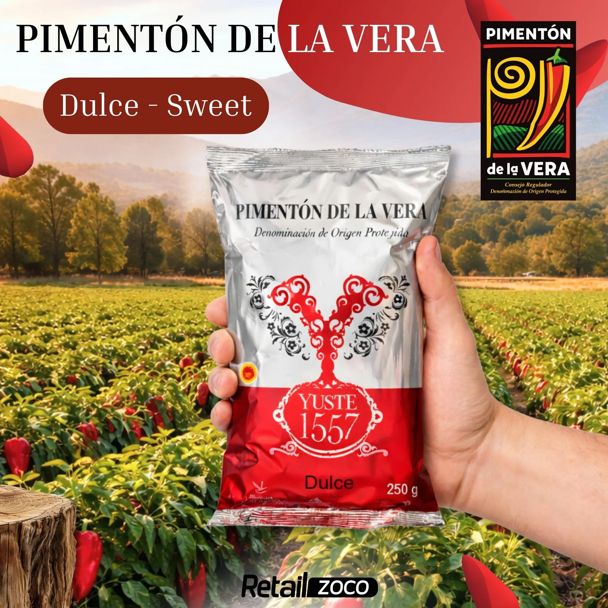 Pimentón de la Vera Ahumado Dulce, Denominación Origen Protegida, Pimentón Yuste 1557, Producido en Extremadura, Ideal para guisos, carnes, salsas y platos tradicionales, 1 bolsa de 250 gr