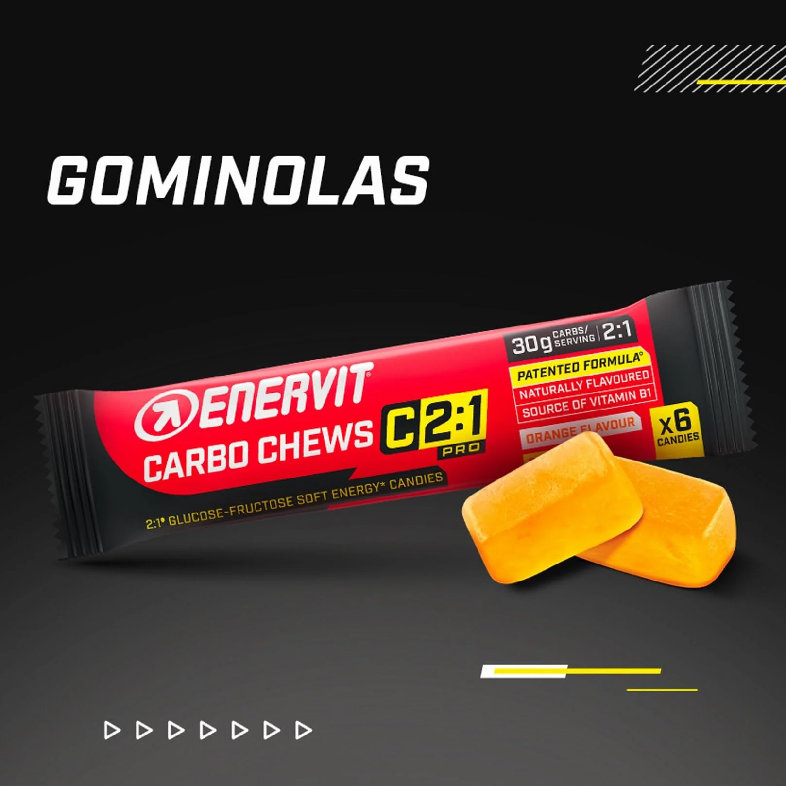 Enervit Carbo Chews C2:1PRO, Gominolas con Maltodextrinas y 30g de Carbohidratos, Para Actividades de Larga Duración y Alta Intensidad, Sin Gluten, Sabor Naranja, 3 Packs de 6 Gominolas