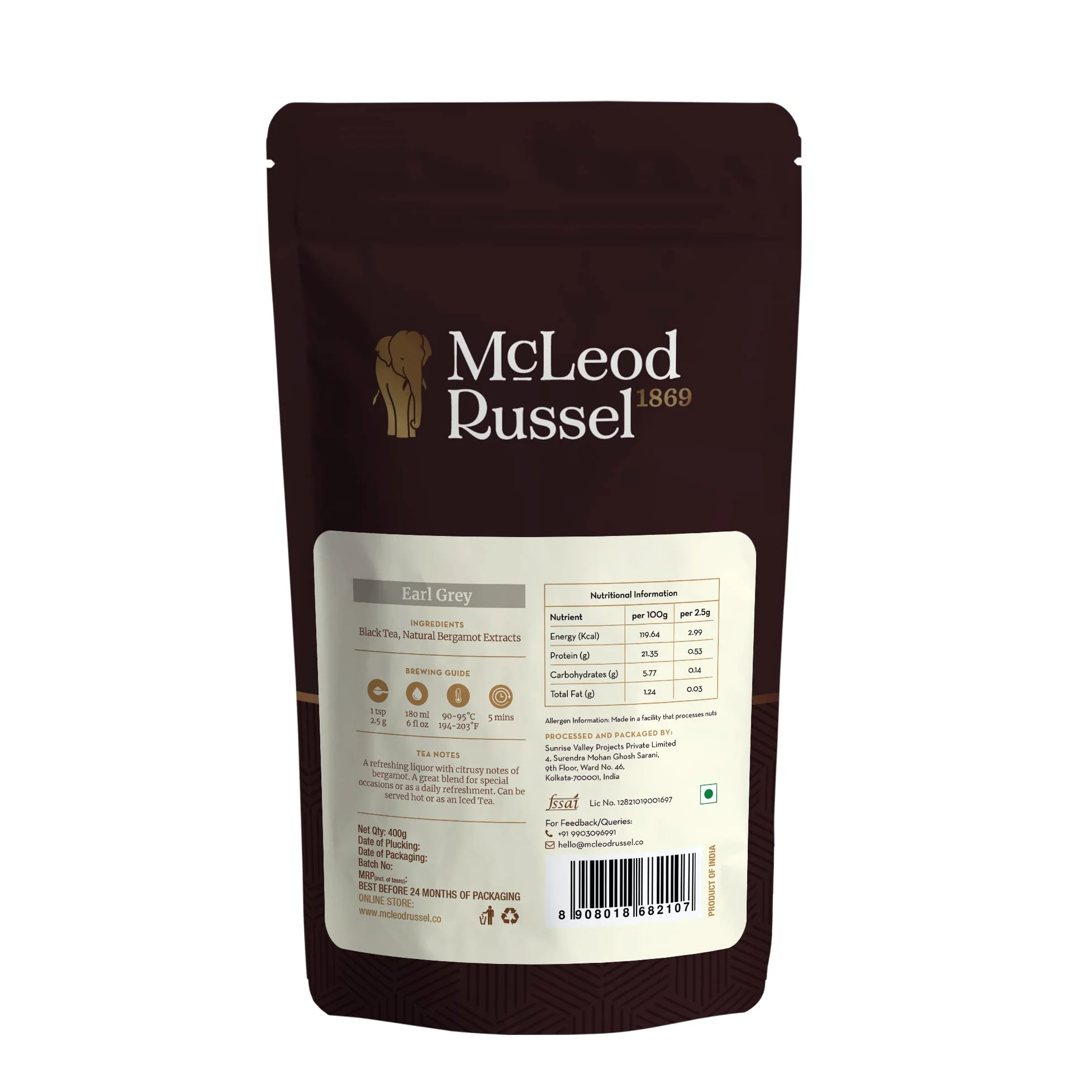 McLEOD RUSSEL 1869 Earl Grey | 400 g | Té Assam | Hojas sueltas negras ortodoxas | Mezclado con aceite de bergamota 100% natural | Cítricos y refrescante | Té caliente o helado preparado | Más de 160