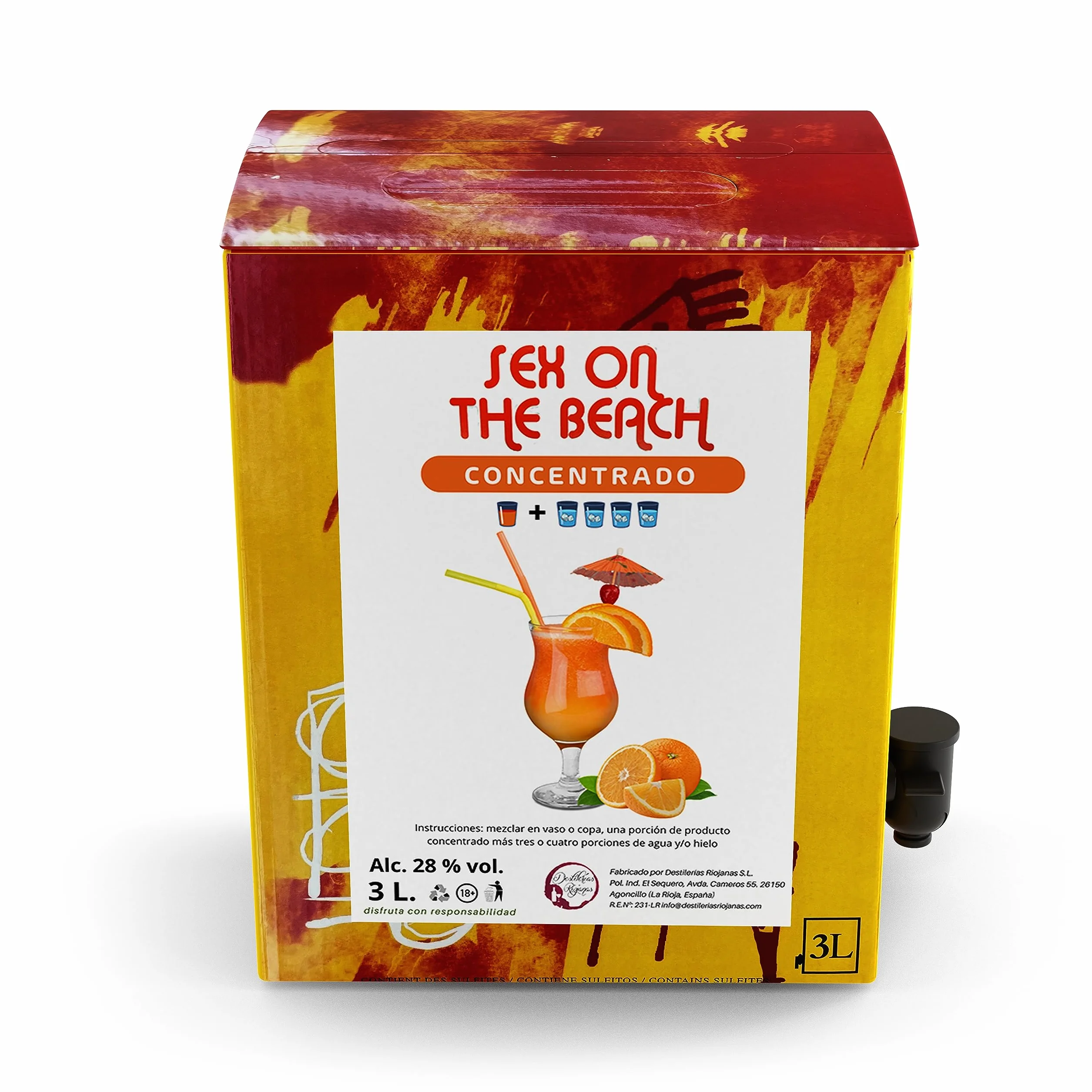 Concentrado Cóctel Sex On The Beach Bag en Box 3,3 Kg (3L) 28% Vol. Rinde 15L o más de 50 vasos diluído en Agua y Hielo. Un Cocktail Más Rentable y Rápido en Menos Espacio. Por Destilerías Riojanas