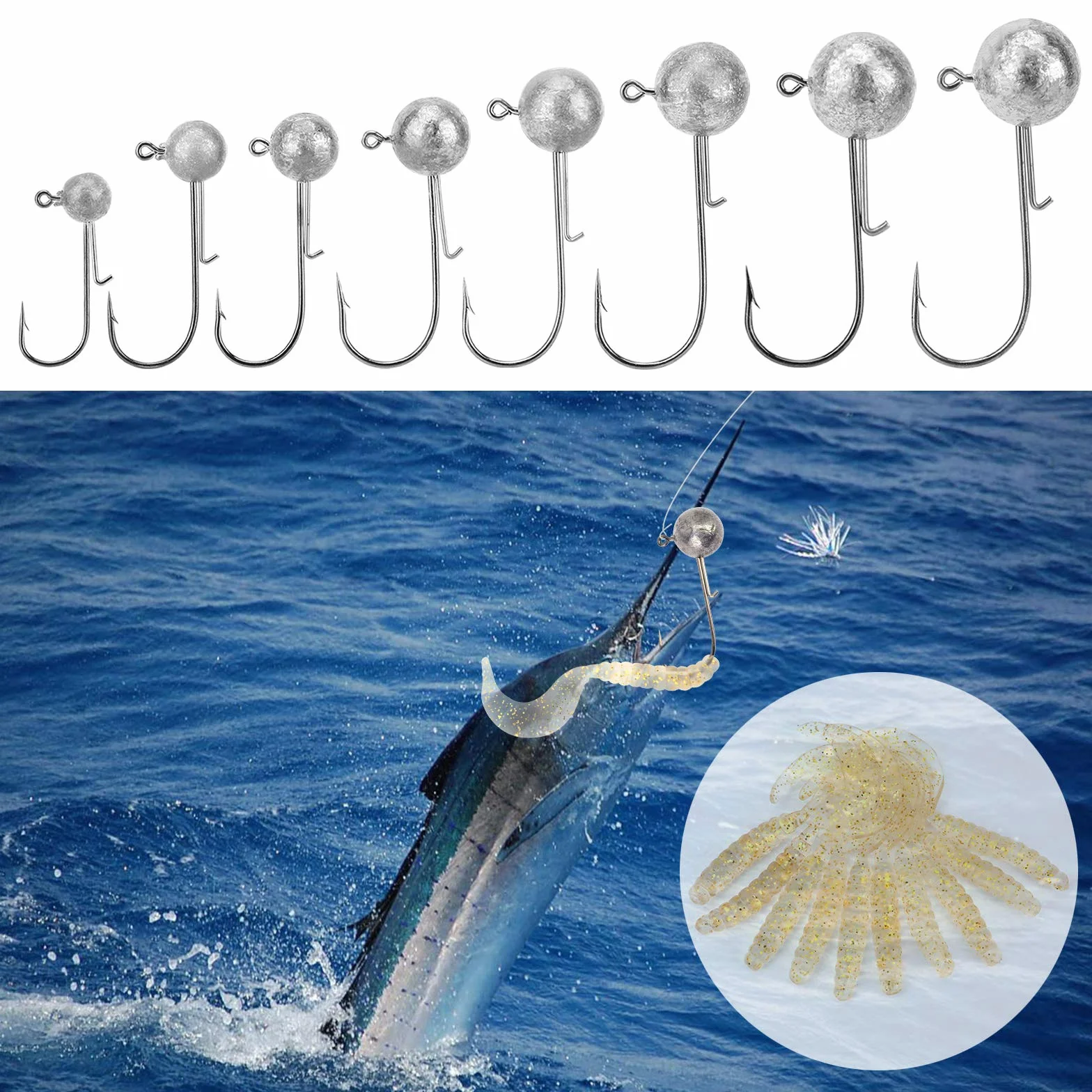 Gancho de Pesca 40pcs, Plantilla de Pesca con Señuelos Suaves, Anzuelo de Plomo 2g 3.5g 5g 7g 10g 14g 17g 20g, para Agua Salada y Dulce