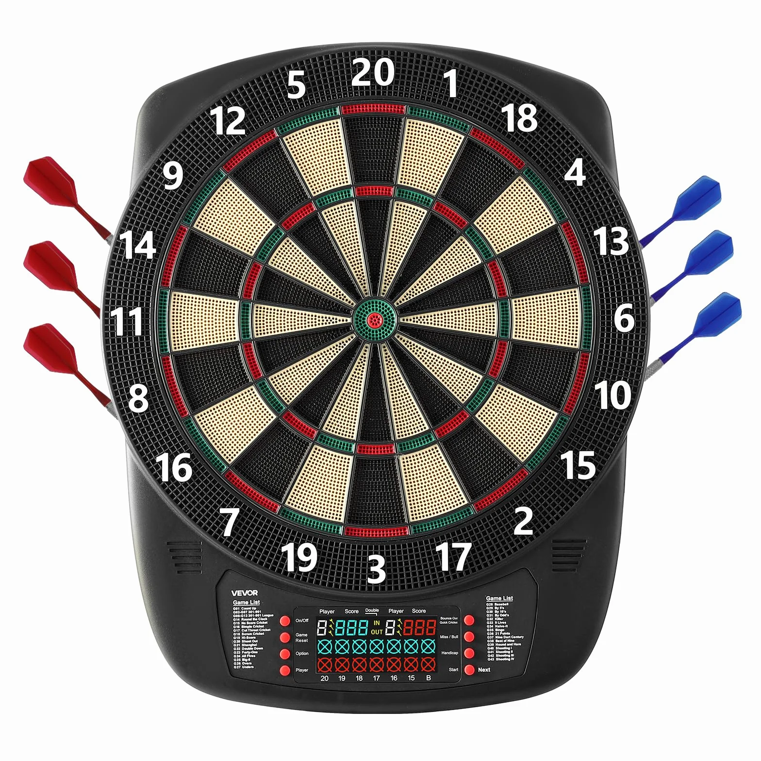 VEVOR Diana Electrónica 43 Juegos 200 Variantes 8 Jugadores 6 Ejes Dardos Marcador LCD PP ABS 517 x 424 x 30 mm