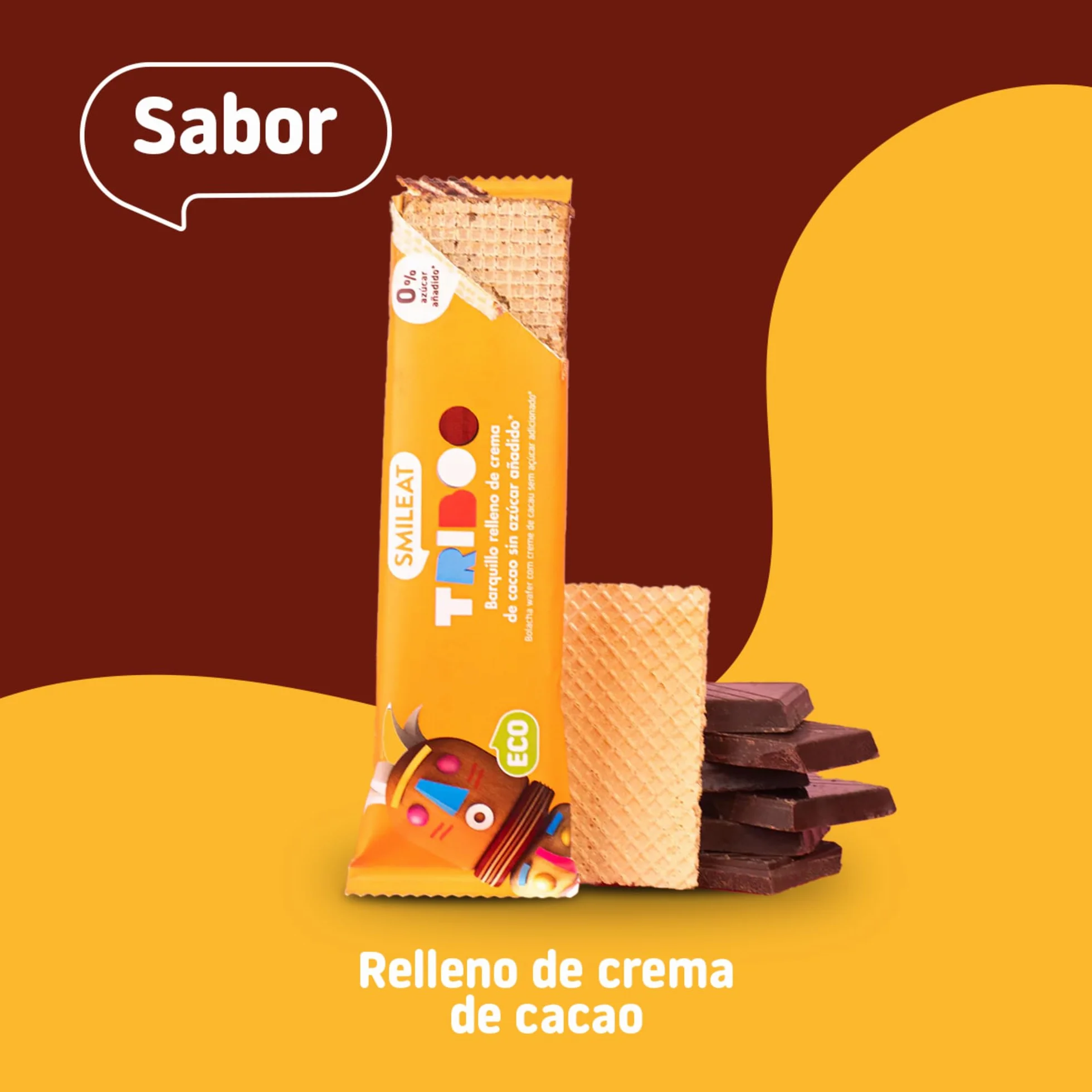 Smileat - Barquillo TRIBOO Relleno de Crema de Cacao - Snack con ingredientes ecológicos - Sin Azúcar Añadido - Merienda Crujiente con alto contenido de fibra