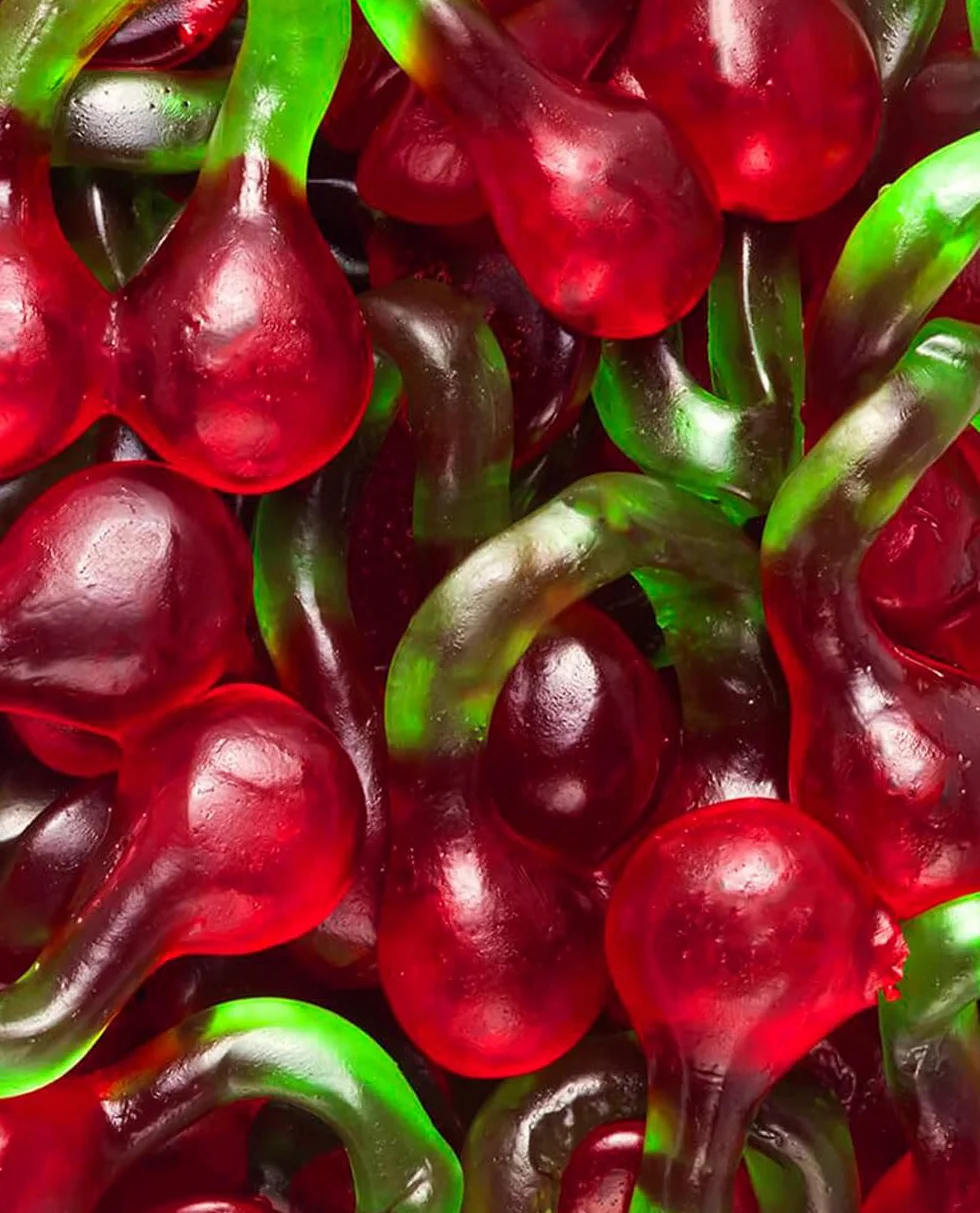 Vidal Golosinas. Cerezas Gigantes. Golosinas en forma de cereza tamaño XL con sabor auténtico a cereza, textura brillante y blandita. Sin gluten ni grasa. Bolsa 1 kg