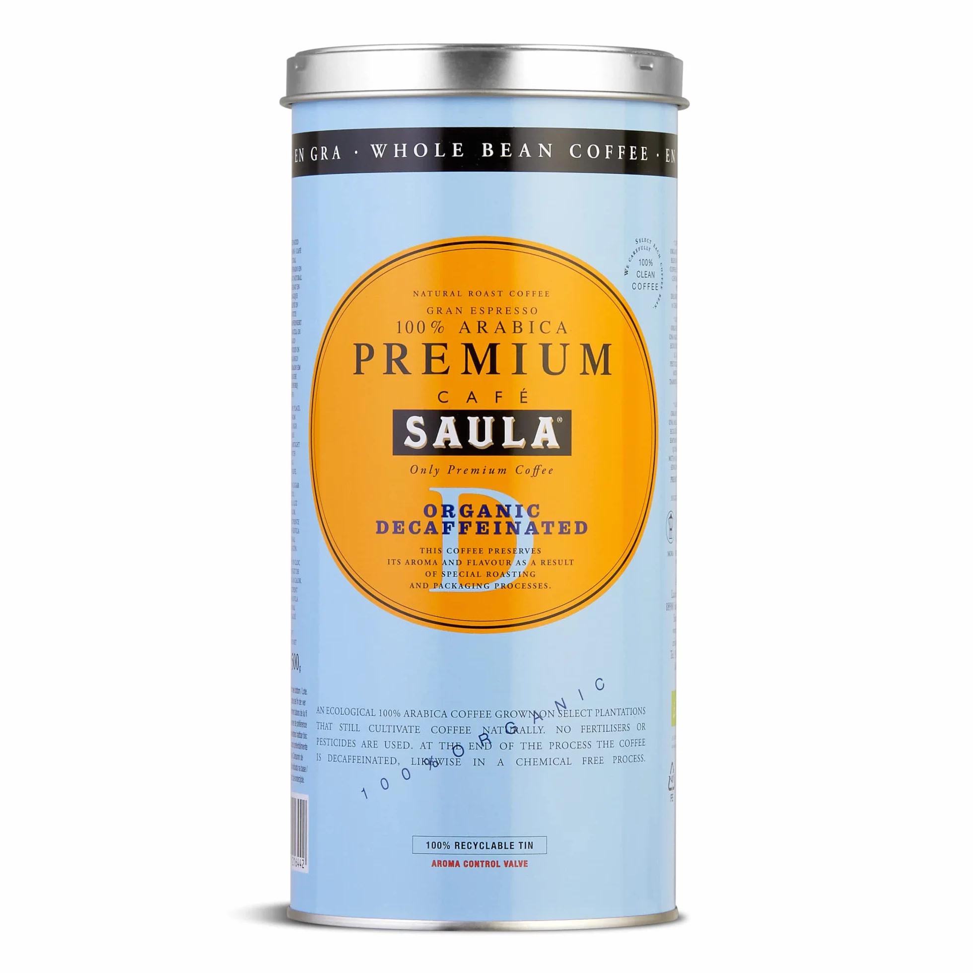 Café Saula grano, Pack 2 botes de 500 gr. Premium Ecológico Descafeinado 100% arábica