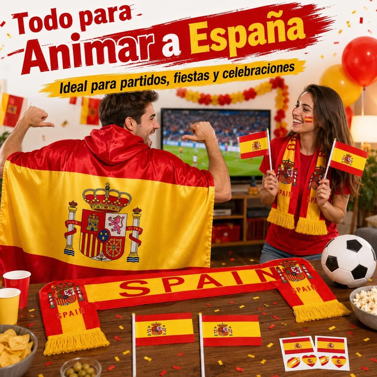 Kit Animación Mundial 2026 Capa Bandera España Bufanda Pegatinas Banderines Mano Celebración Partidos Estadio