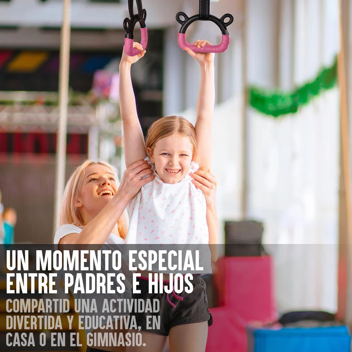 Gym Bar Barra Gimnasia Infantil Violeta Anillas Rosas 13 Niveles Ajustables 90-150 cm Acero Madera Haya Correas Antideslizantes Fitness
