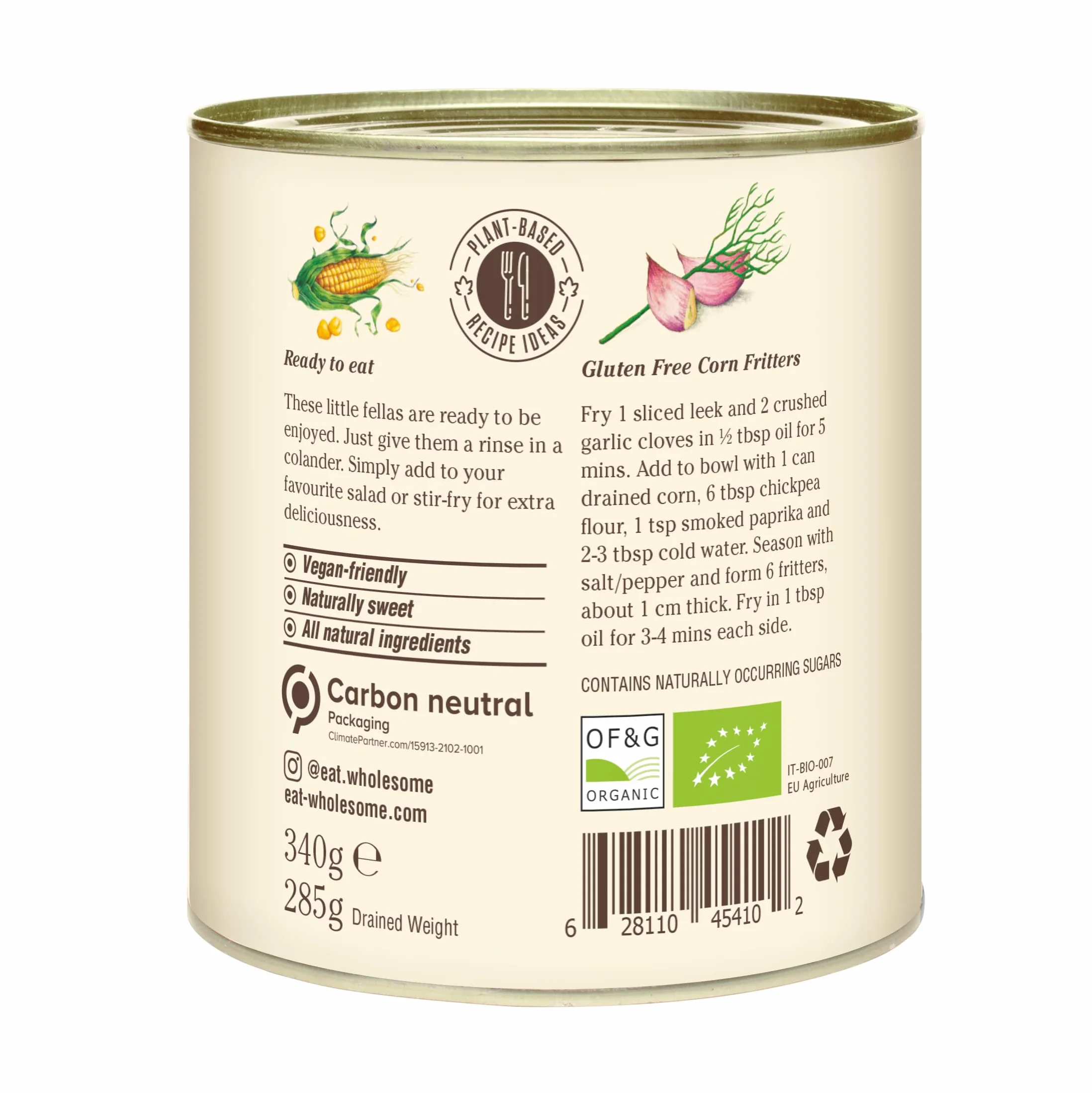 Eat Wholesome Maíz Dulce Orgánico, 340g (Paquete De 12) - 100% Natural, Sin Azúcares Añadidos, De Temporada, Vegano, Revestimiento Sin Bpa