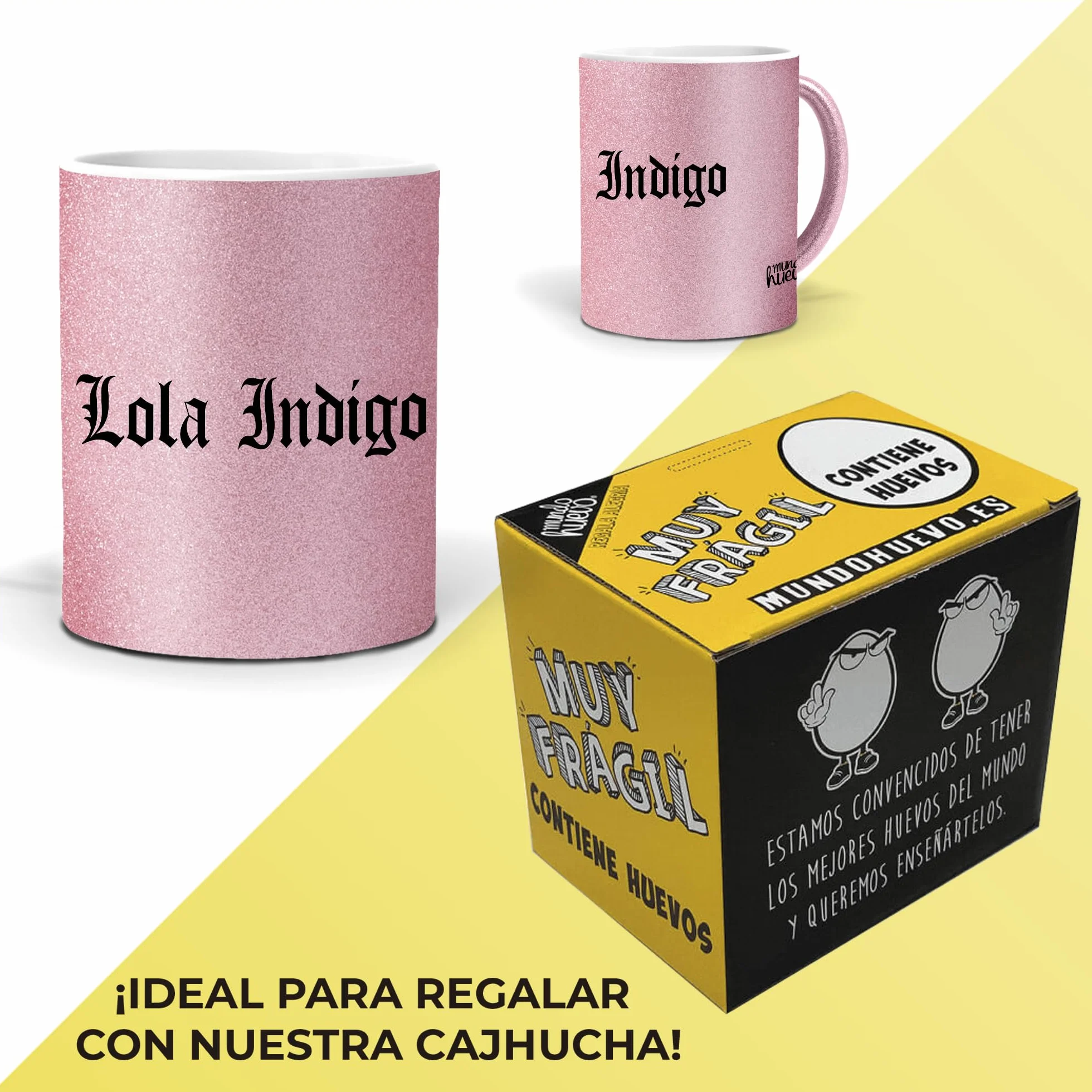 mundohuevo Tazas Únicas | Lola Índigo | Edición Especial Purpurina Rosa | Mensaje Auténtico para Fans | Tazas para Café, Té... | Regalo para Fans de Cantantes