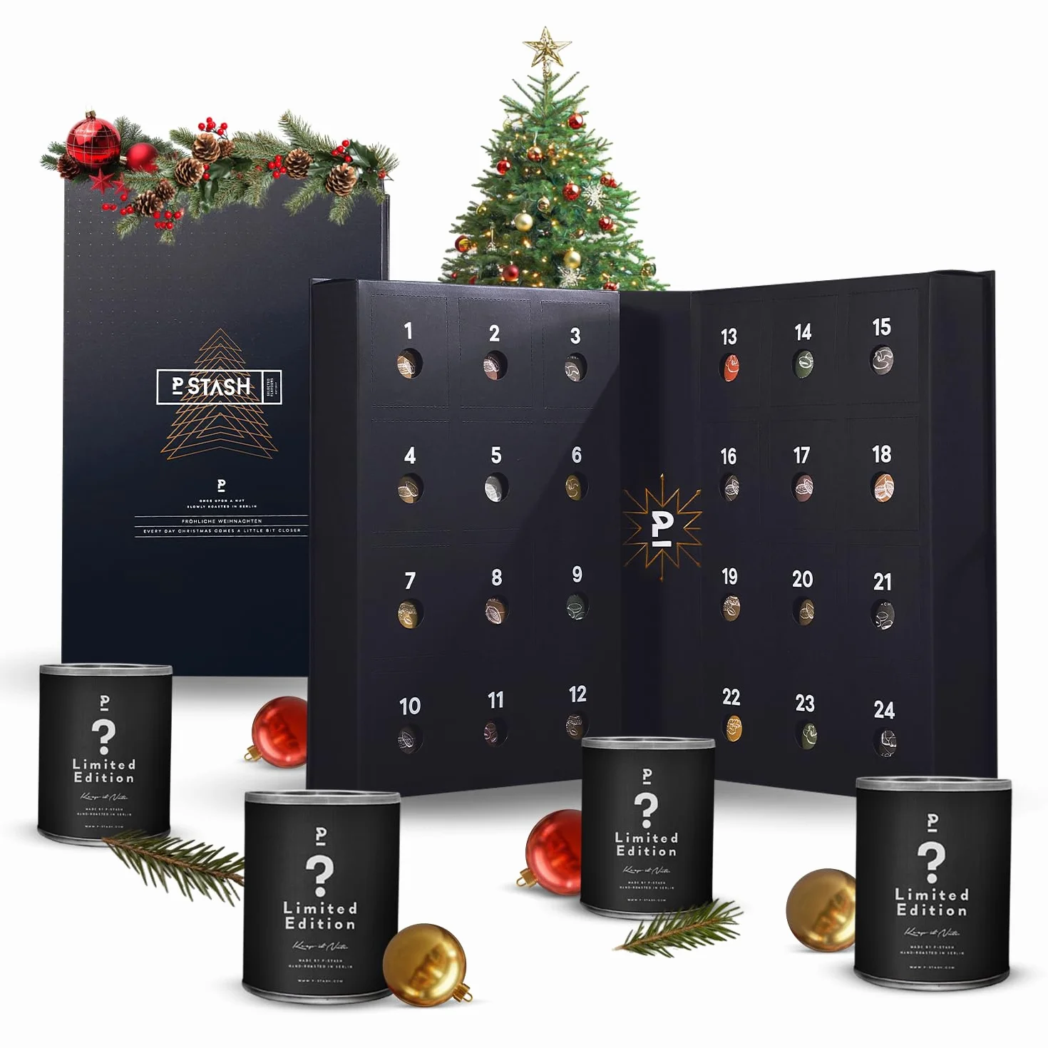 Calendario de Adviento P-Stash 2025: calendario navideño con frutos secos y chocolate: pistachos, almendras, avellanas, cacahuetes y mucho más. Mezcla de frutos secos con especias únicas