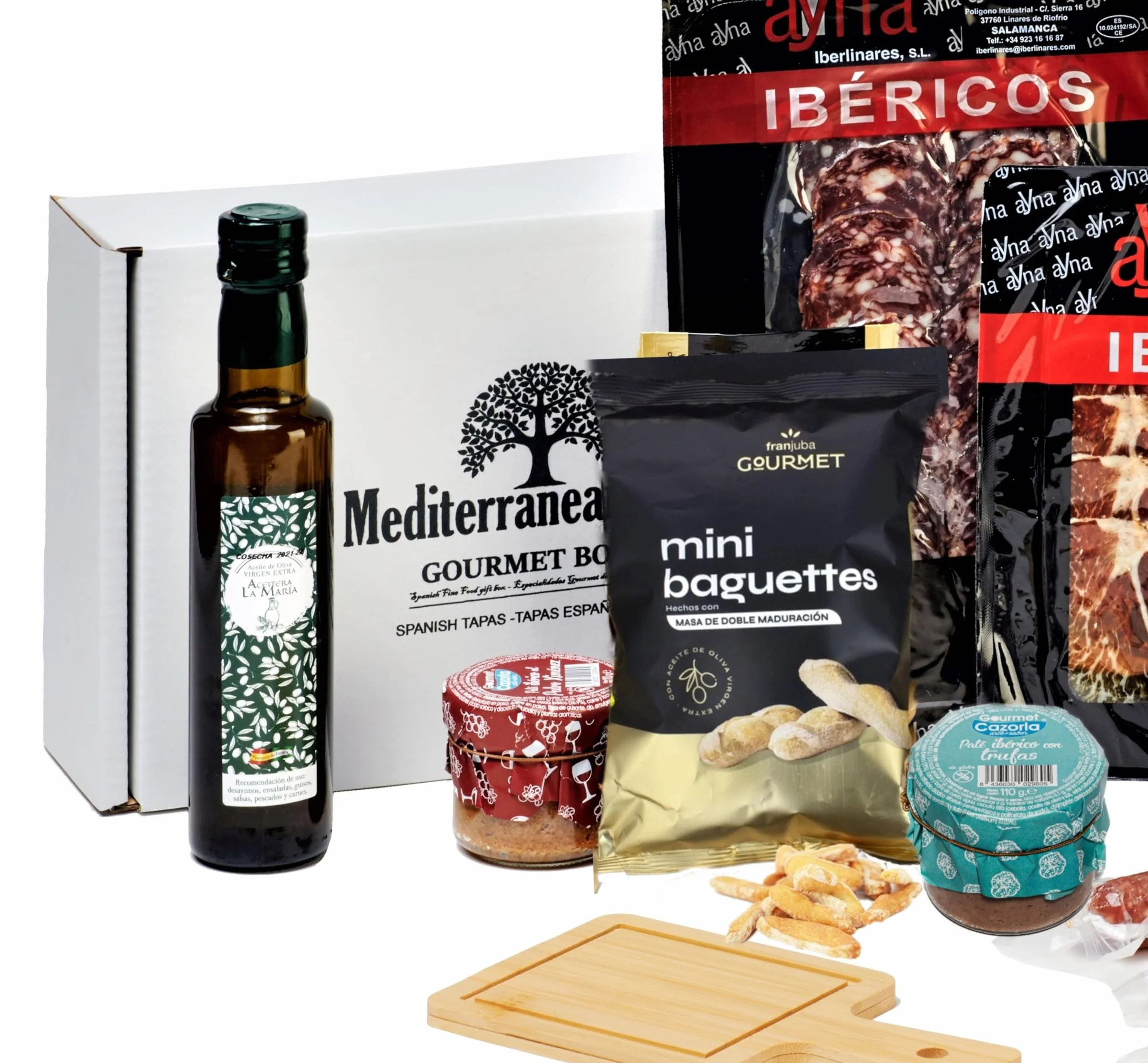 Caja Cesta Gourmet Regalo - Lote embutidos Ibericos salchichón chorizo y jamon + Pate Iberico de Trufa y Pedro Ximenez + 3 piezas Fuets +Aceite Oliva Virgen Extra + Picos Artesanos