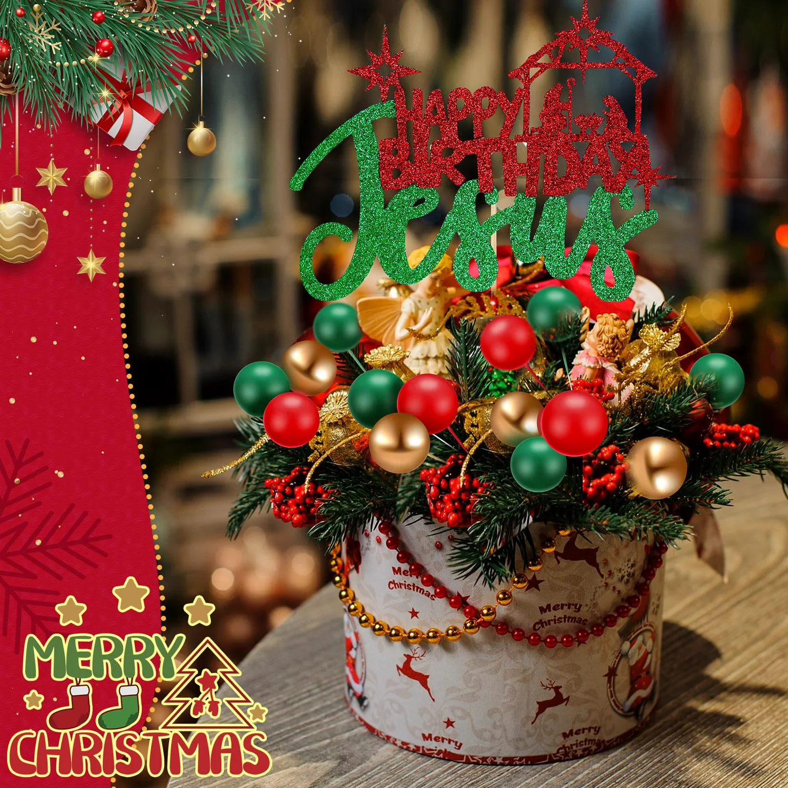 Cinnvoice 31 piezas de decoración para tartas de Navidad con purpurina de Jesús, decoración de pastel de bola, verde, rojo, dorado, belén, decoración para Navidad, vacaciones, boda, aniversario,