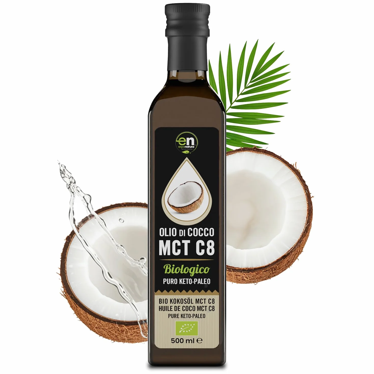 Exponatura Aceite MCT C8 Orgánico 500 ml - 100% Extracto de Aceite de Coco, Ácido Caprílico Puro - Energía Natural para Dieta Keto y Paleo - Vegano
