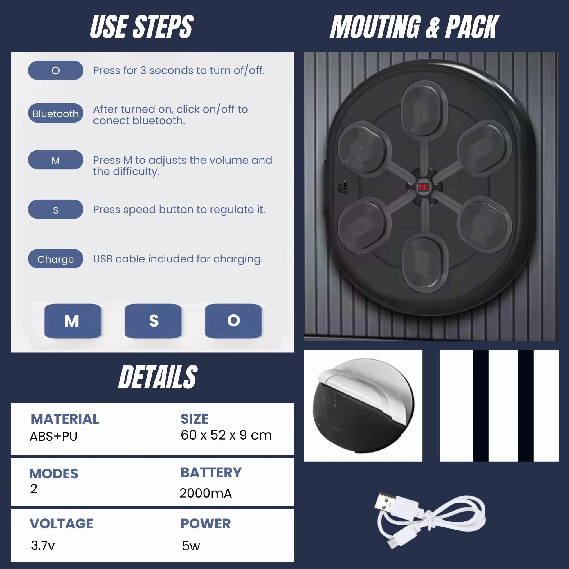 MAGIC SELECT Máquina de Boxeo Musical con LED, Bluetooth, Almohadilla de Poliuretano para Entrenamiento de Boxeo en Pared