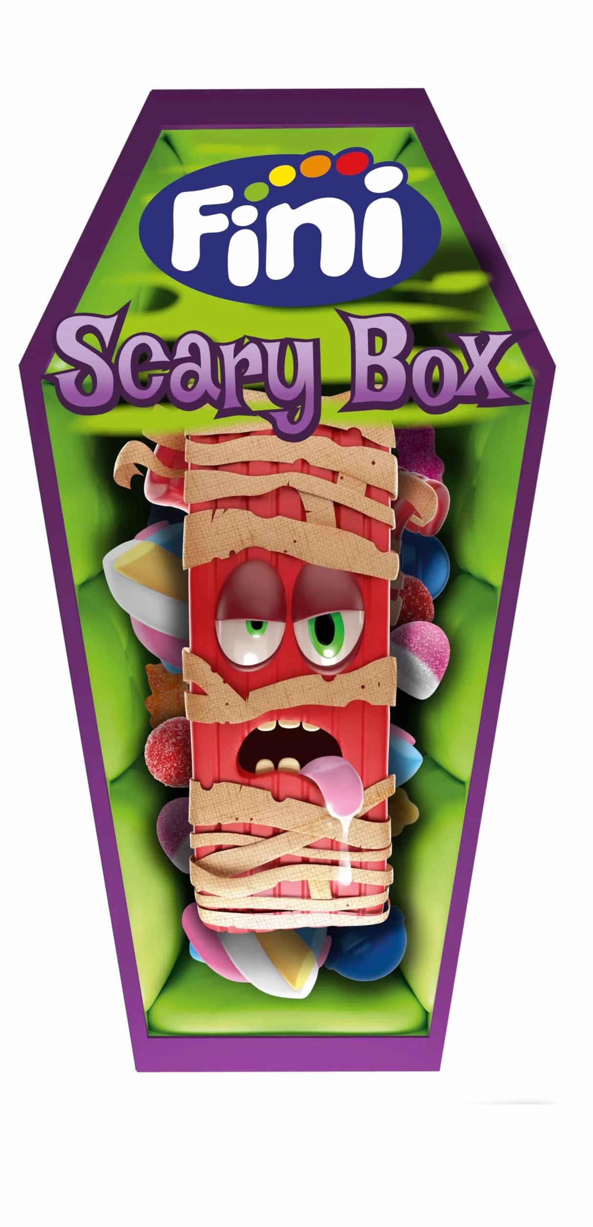 Fini Ataúd Scary Box | Surtido de Dulces con Gominolas, Piruletas, Geles y Caramelos Duros Rellenos de Chicles | Golosinas y Chuches para Halloween, Cumpleaños y Regalos - 92 gr
