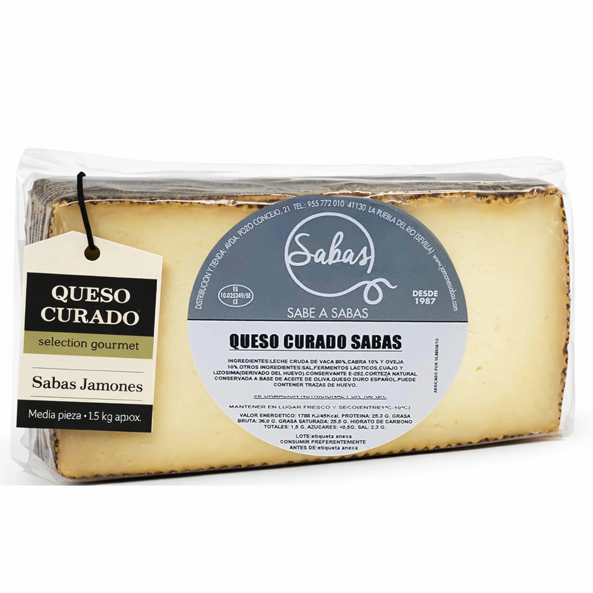 SABE A SABAS Queso Curado Mezcla Manchego Picantito 1,5 Kg Leche Cruda Vaca Cabra Oveja Media Pieza Gourmet
