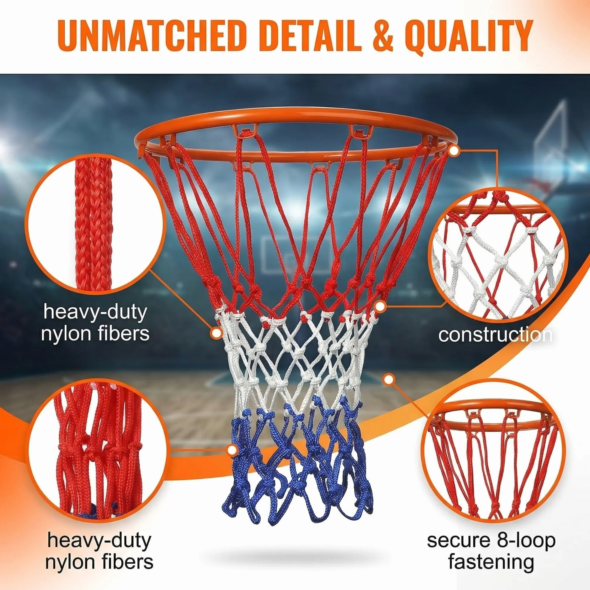 Red de repuesto para baloncesto 4 Piezas, tamaño pequeño, para cestas de 20 a 26 cm, 8 trabillas