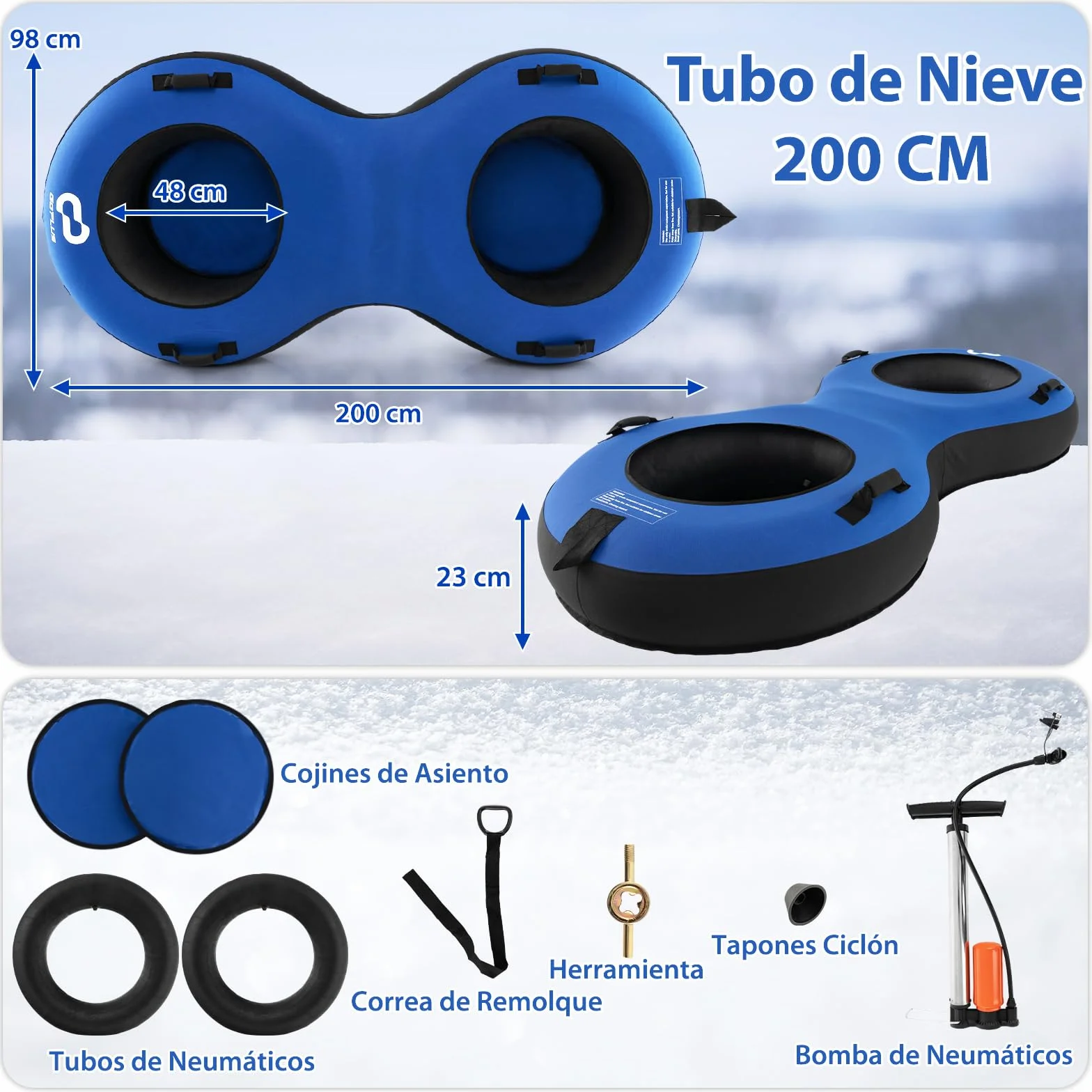 COSTWAY Trineo de Nieve Inflable 200x98 cm, Tubo para 2 Niños y Adultos, Goma