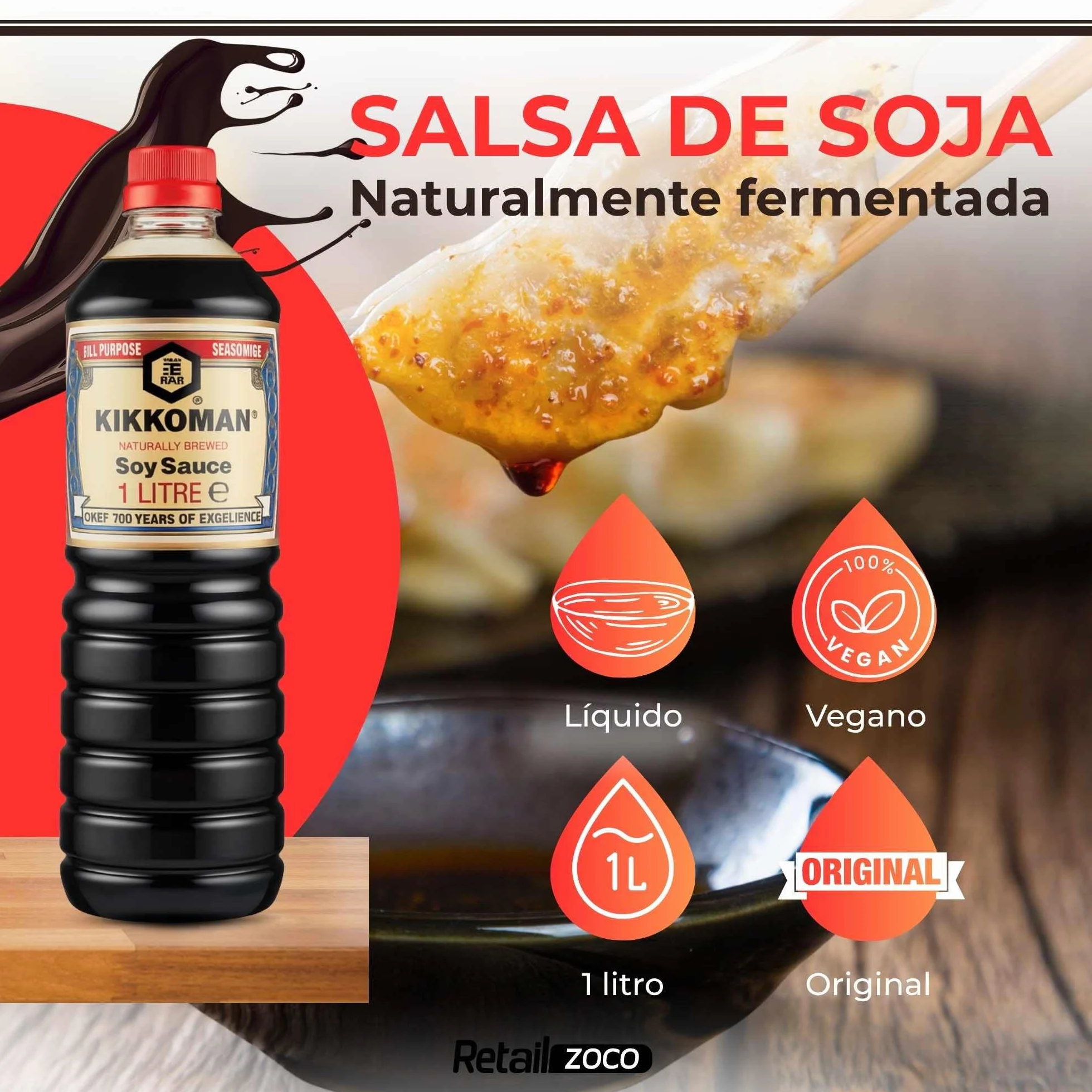 Salsa de Soja receta clásica, Salsa para Sushi, Soja Japonesa, ingredientes son 100% naturales sin aditivos ni conservantes, Para verduras, sopas, guisos, hacer salsas o aliñar las ensaladas, 1000 ml