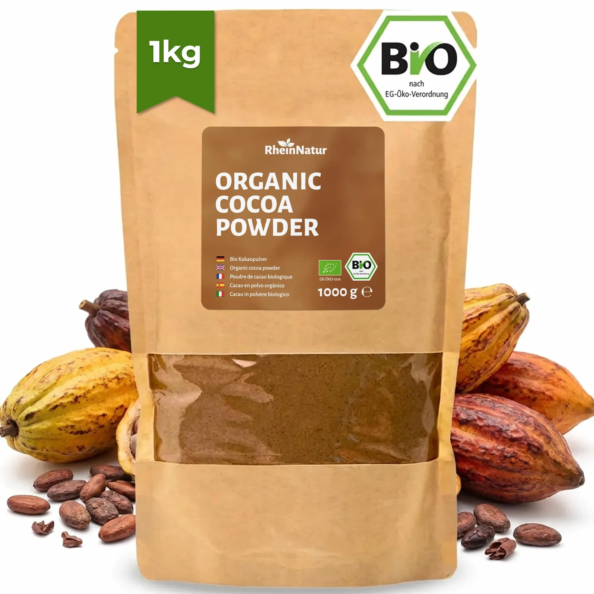 Cacao en polvo orgánico RheinNatur 1 kg – 100% puro, sin azúcar, ideal para hornear