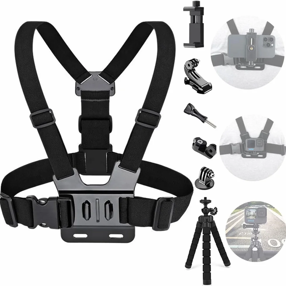 Arnés de Pecho Ajustable para GoPro y Teléfonos Móviles con Trípode Portátil