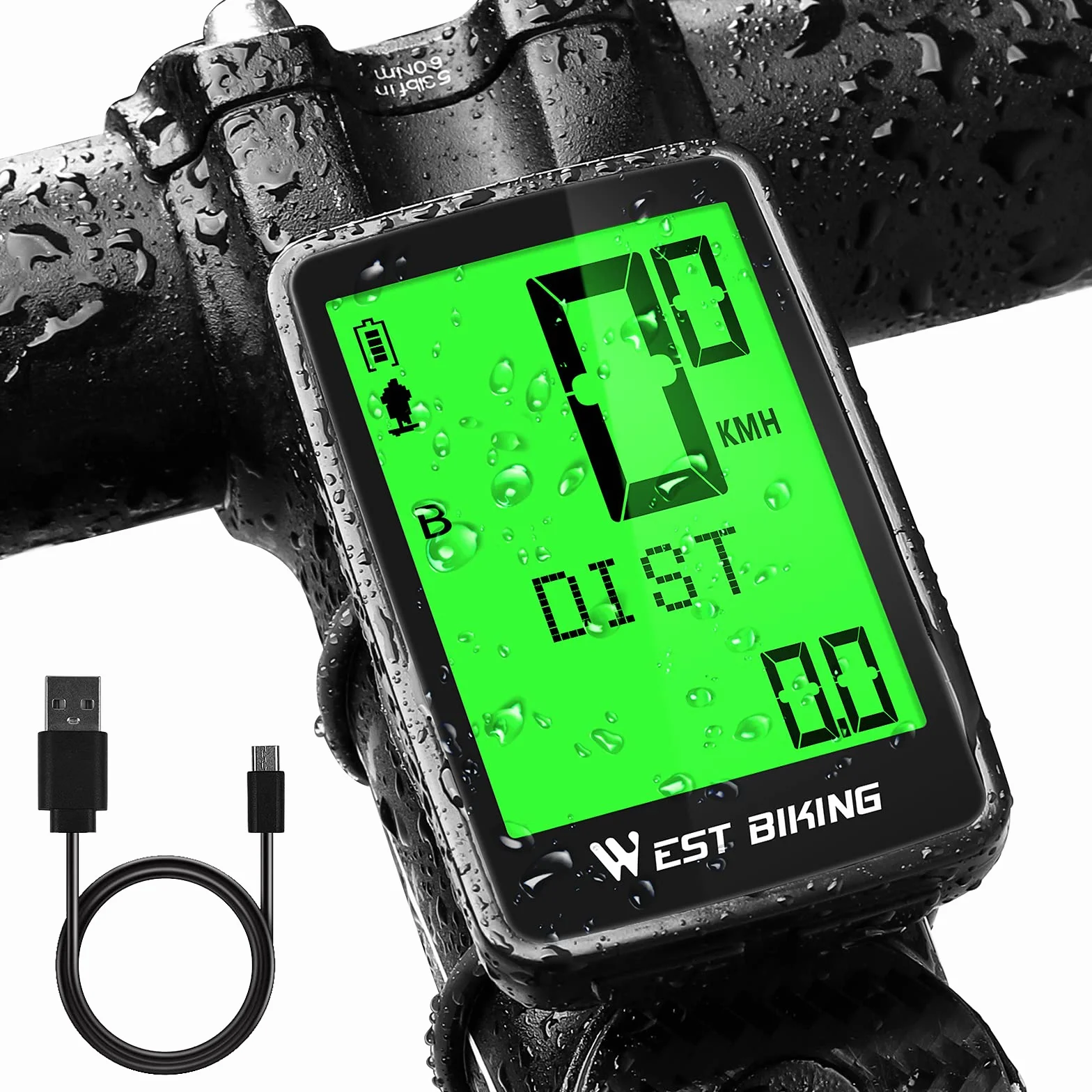 Cuenta Kilómetros Bicicleta Inalámbrico con Pantalla LCD IPX7 USB Carga Ciclocomputador
