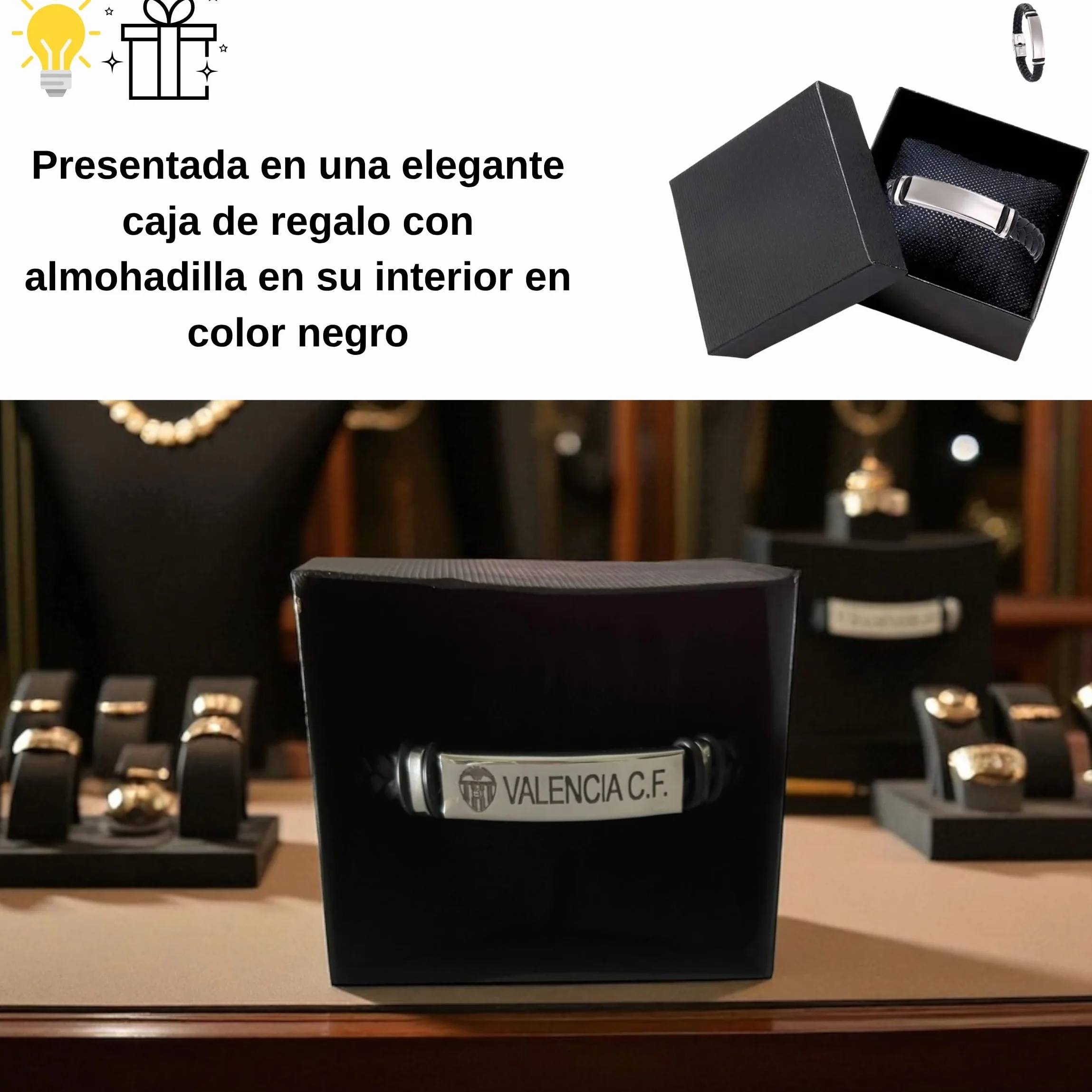 Pulsera ajustable acero cuero Escudo VALENCIA C.F. caja regalo hombre mujer