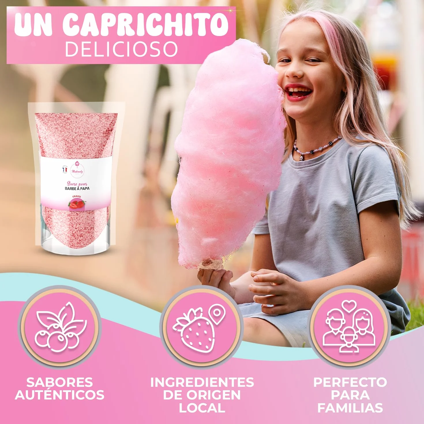 Misskandy® algodón de azúcar para máquina- Pack de 4 * 160Gr - (Sabores Naturales): Sabores: Fresa/Manzana/Cola/Limón + 50 palitos (gratis)
