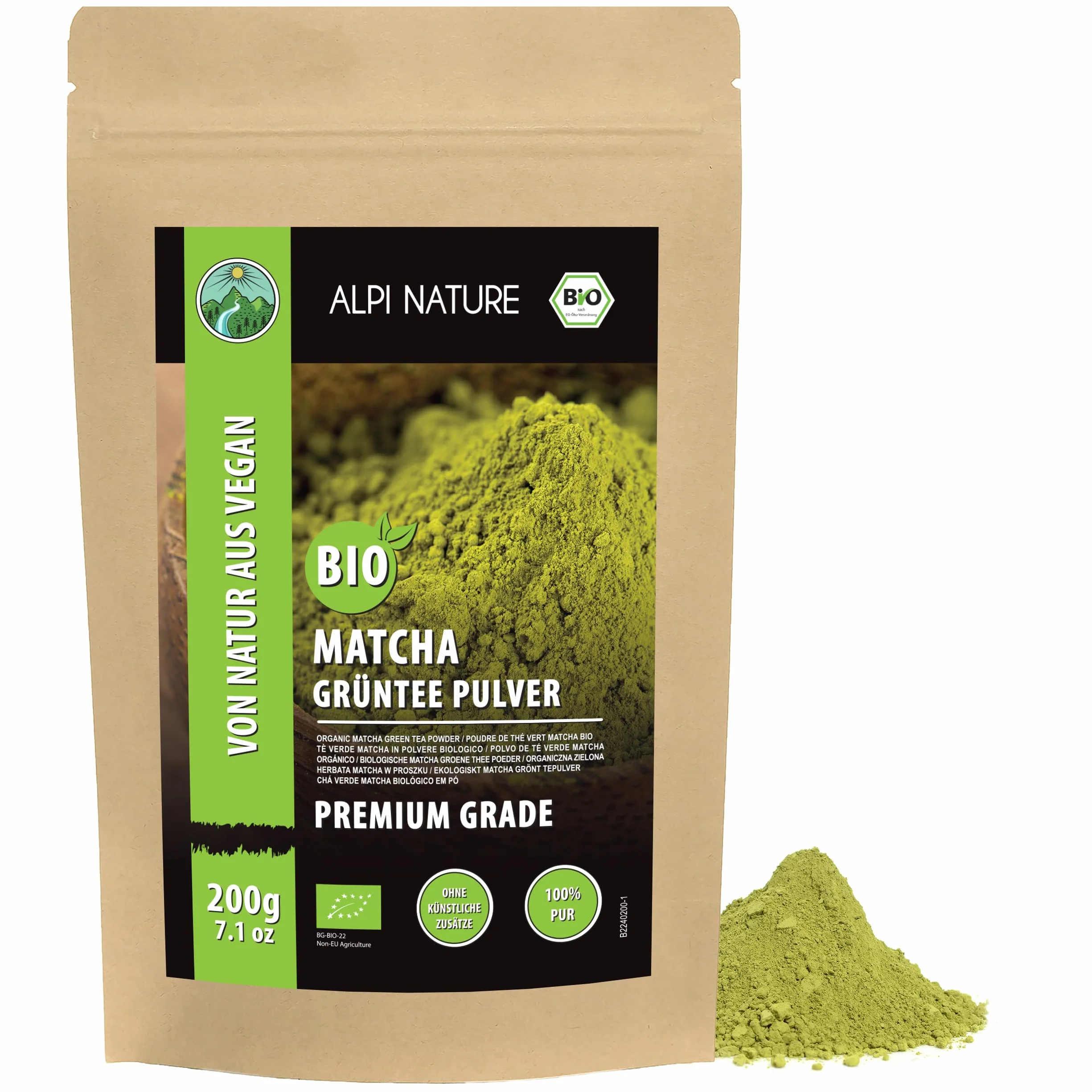 Alpi Nature Matcha Orgánica en Polvo 200g, Té Verde Matcha de Primera Calidad con Cafeína Natural