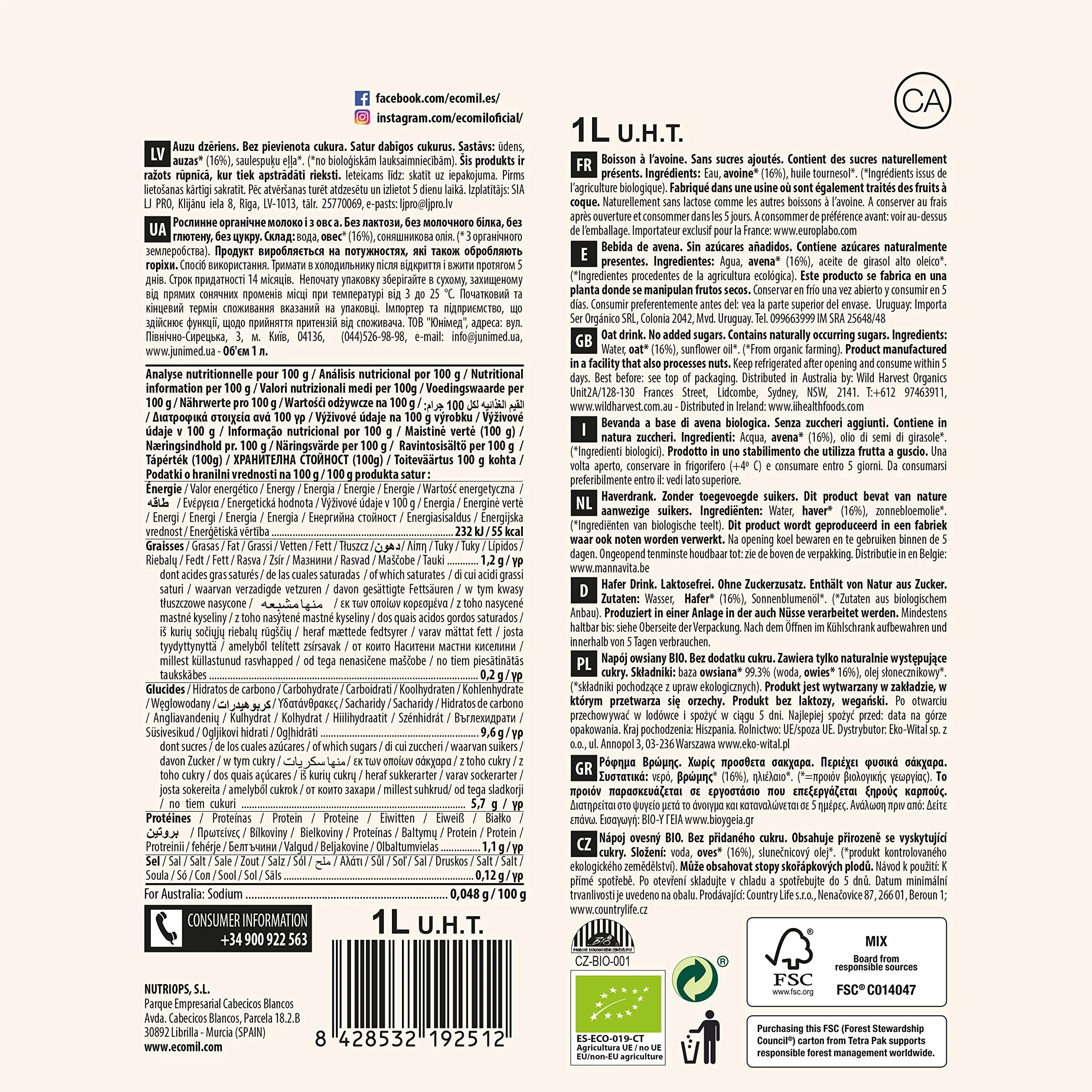 EcoMil - Leche de Avena Bio Nature, Bebida Vegetal de Avena sin azúcares añadidos, Producto Ecológico, 1L