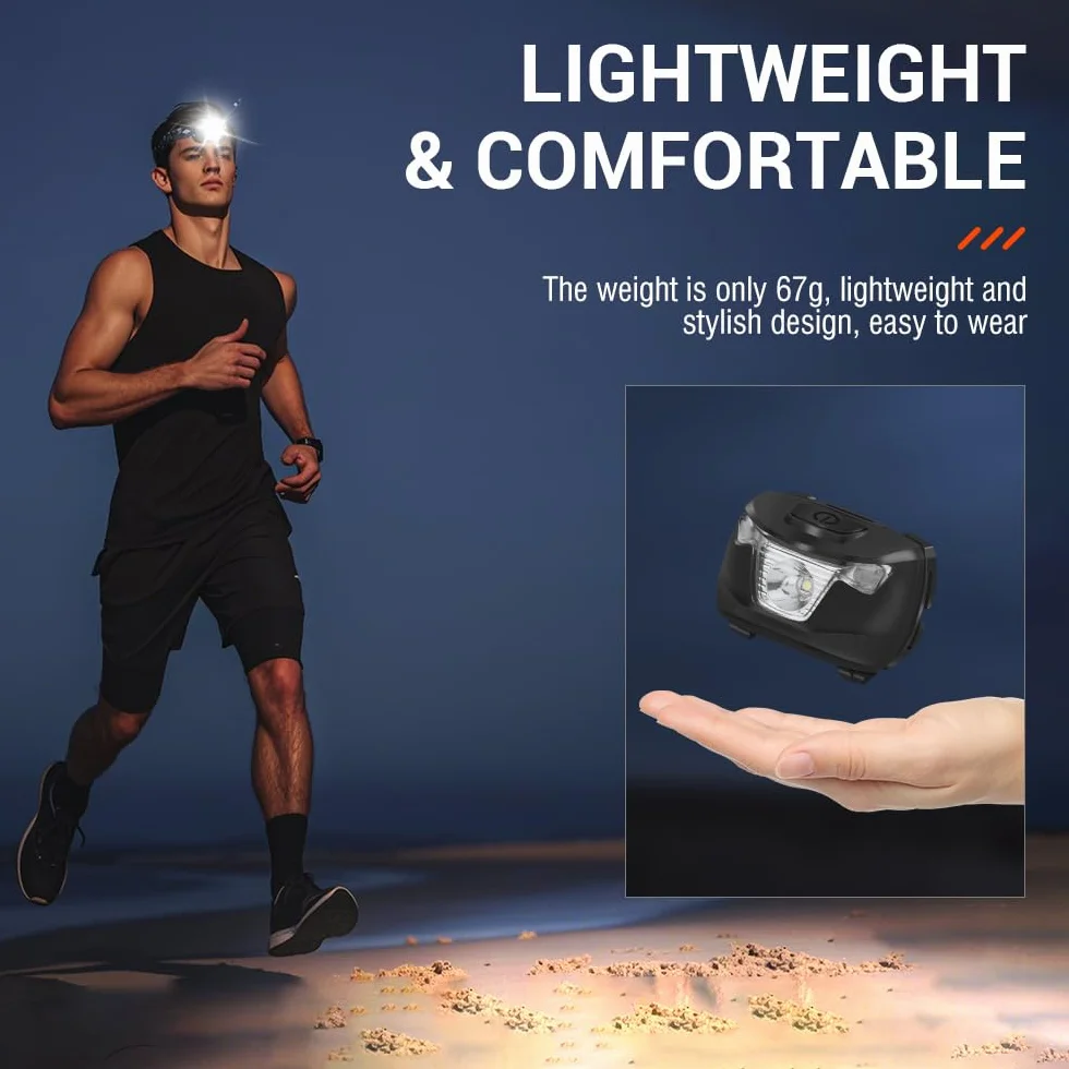 BORUIT BR01 Linterna Frontal LED IP66 Impermeable 4 Modos Luz Roja y Blanca para Running Camping