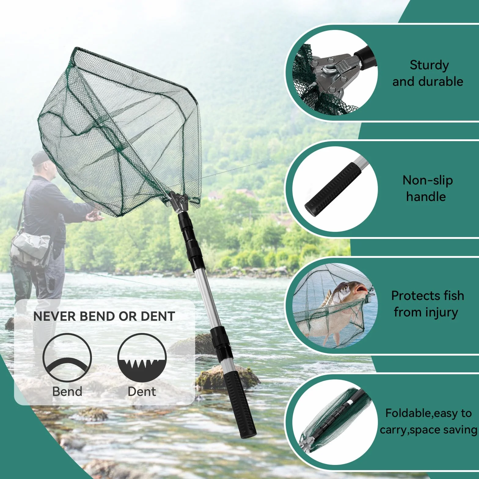 Red de Pesca 130cm Telescópica con Mango Largo Ajustable, Plegable y Portátil para Trucha, Perca y Carpa