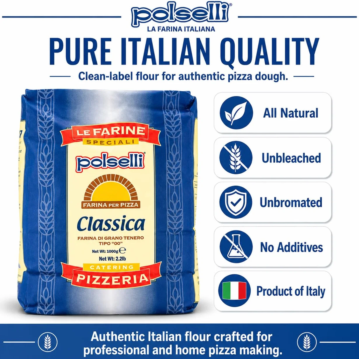 Polselli - Harina clásica italiana de trigo tierno, tipo "00", 5 kg, especial para pizza napolitana
