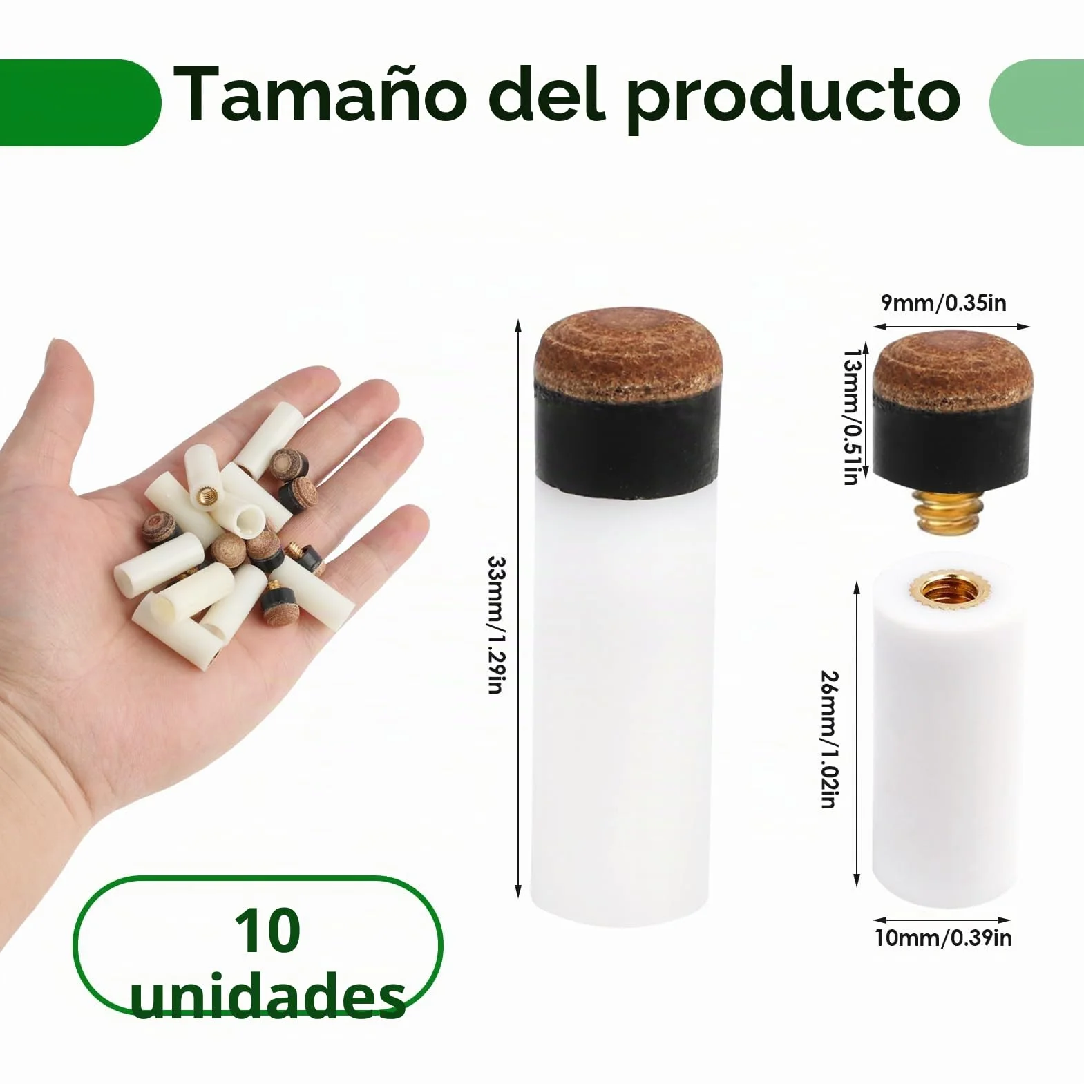 Puntas de Taco de Billar 10mm Repuesto Virolas Blancas Accesorios 10 Piezas