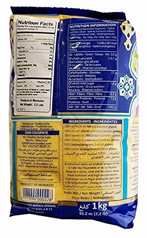 Dari Fine Moroccan cuscús 1 kg, 1 kg, paquete de 3