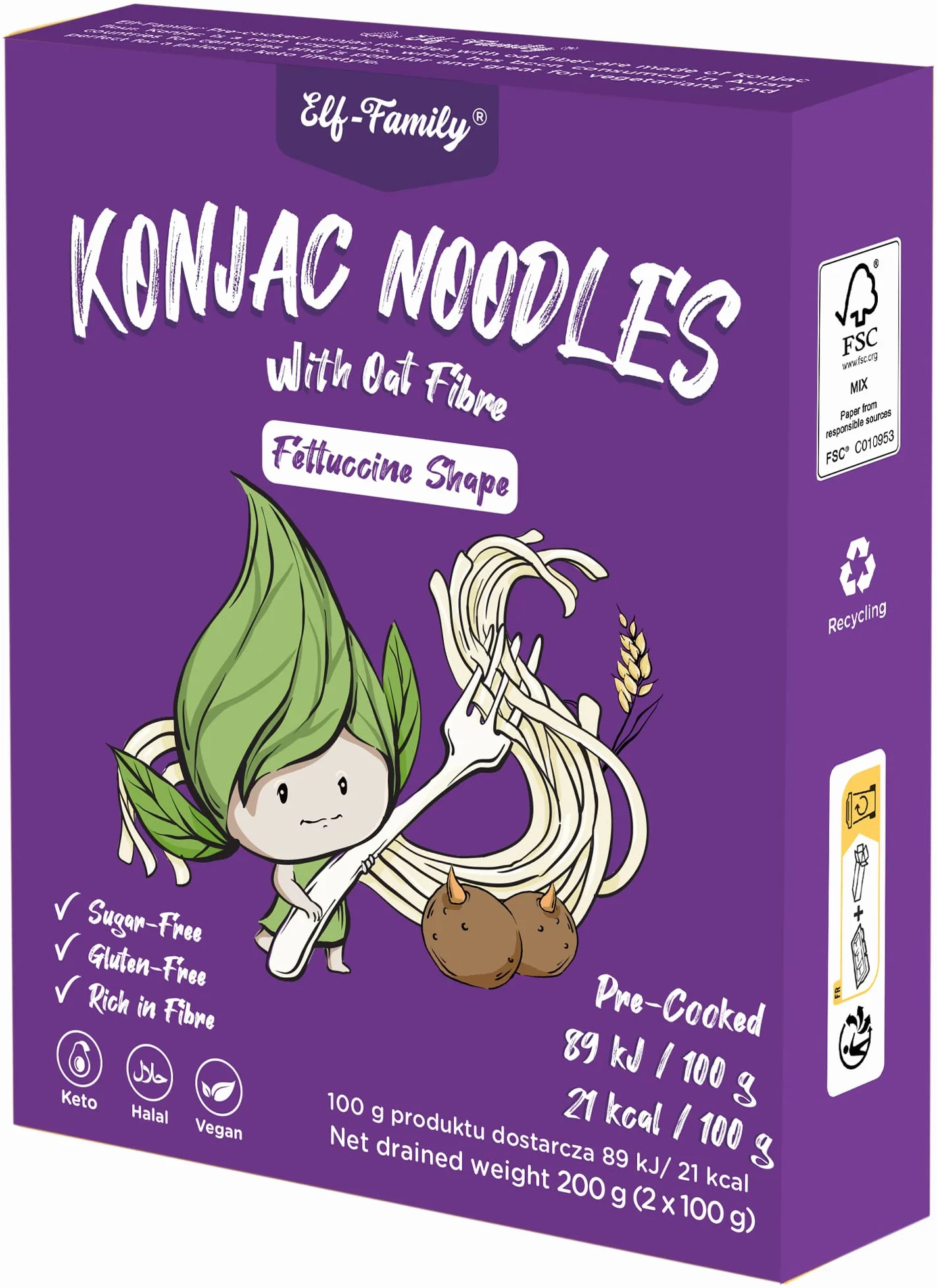 Pasta Konjac Keto de Tailandia Bajo en Carbohidratos/Vegano/Sin Gluten 240 g x 1 cajas(2 paquetes), Elf-family Fideos Konjac Noodles Shirataki Noodles/Sin azúcar/Bajo en Calorías - Fettuccine