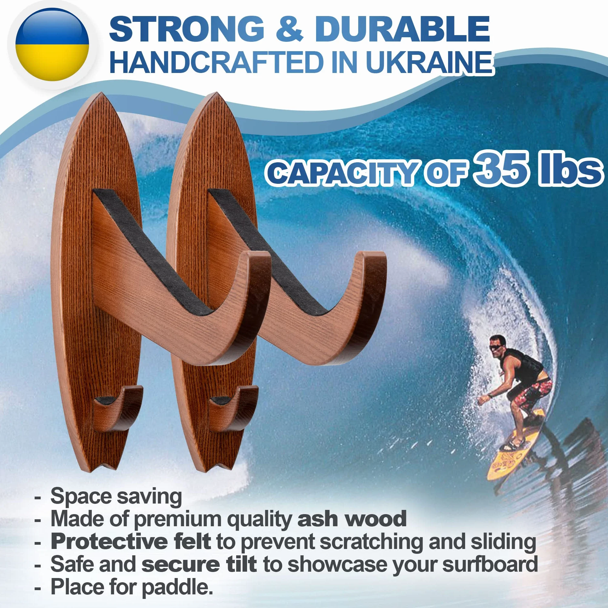 TESLYAR Soporte para tabla de surf madera de fresno acabado natural marrón grande