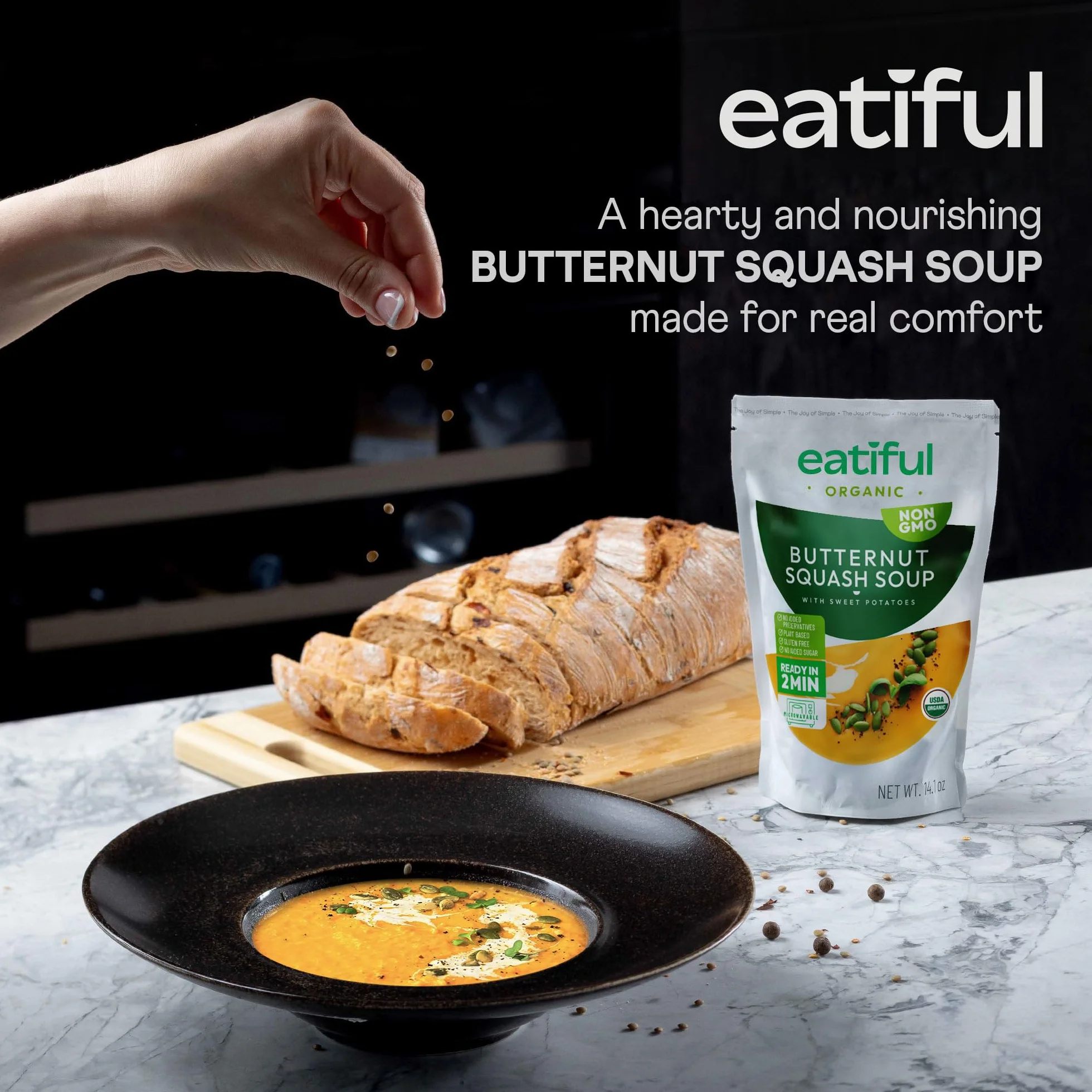 EATIFUL Sopa de Calabaza Moscada, Deliciosa Sopa de Calabaza Moscada Lista Para Comer con Boniatos, Elaborada con Verduras Ecológicas, de Origen Vegetal, sin Gluten y OMG, 400g (Paquete De 10)