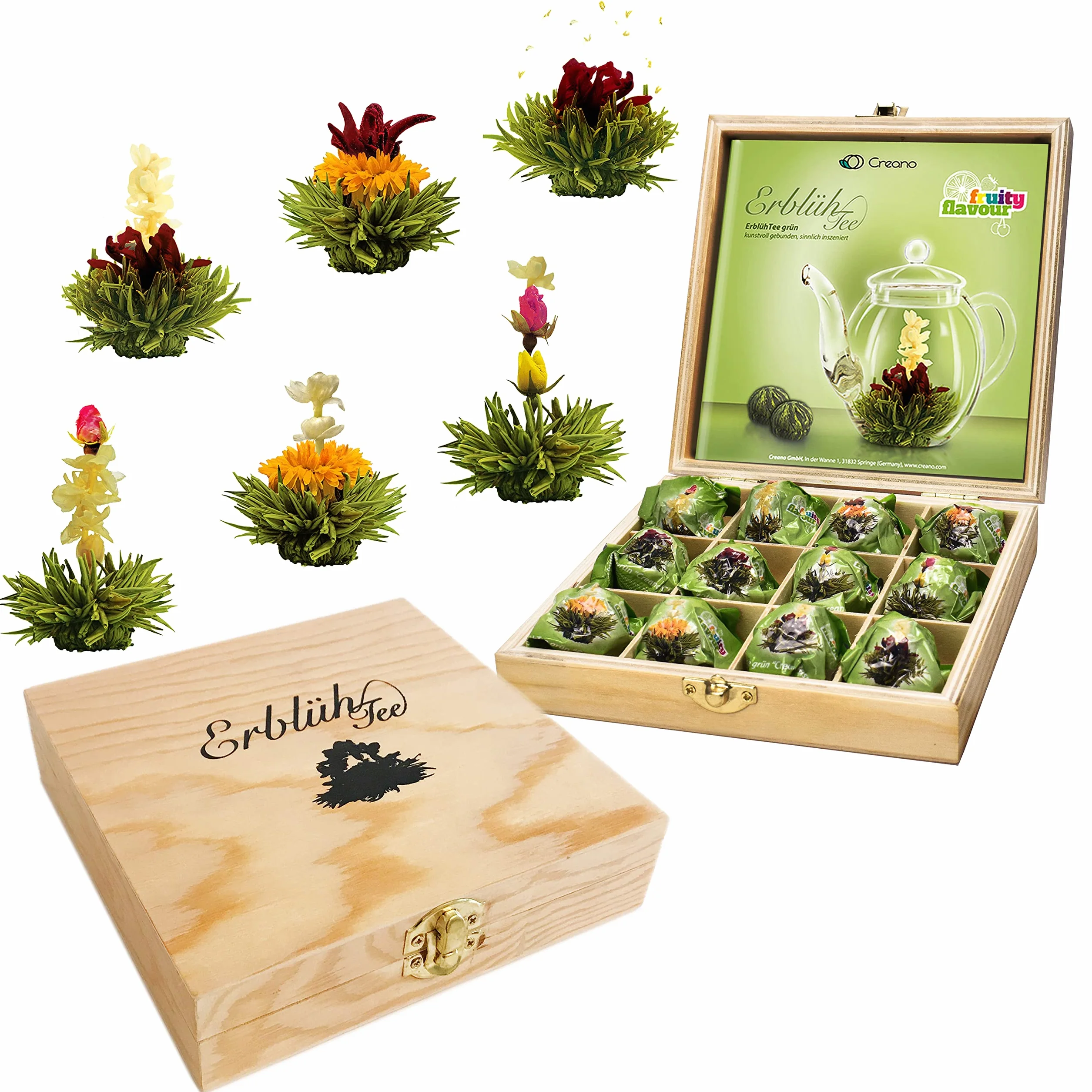 Creano Flores de Té Verde 12 uds – Cofre de Madera Premium – 6 Variedades de Té Verde Frutal – Regalo Elegante para Amantes del Té