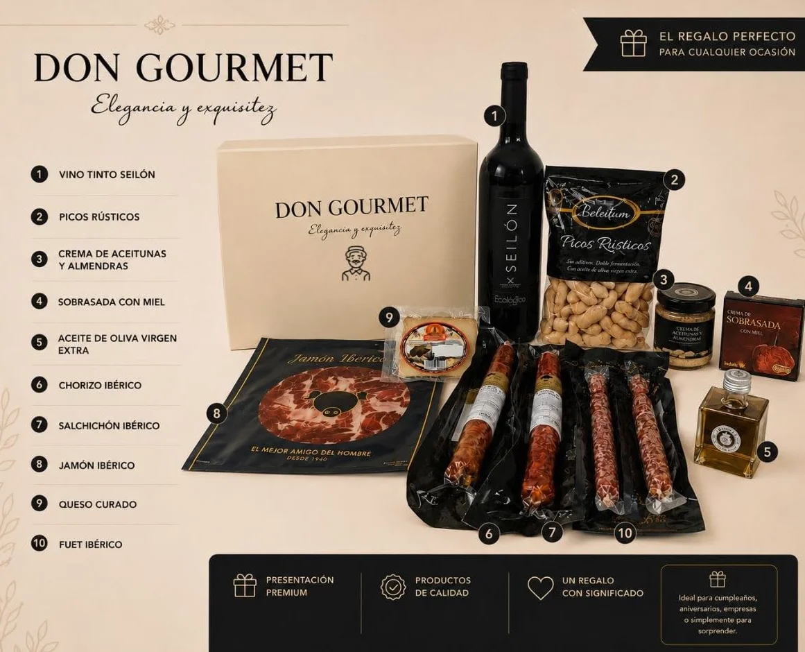 DON GOURMET, Cesta Gourmet para Regalar, Personalizable, Queso curado, jamón ibérico, chorizo ibérico, lote embutidos ibéricos, aceite de oliva, pack ibéricos, Regalo Profesor. (CESTA 6)