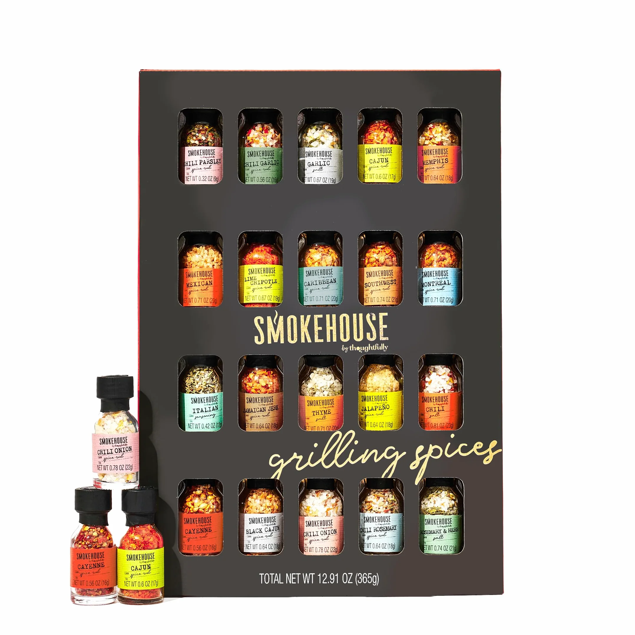 Thoughtfully – Set 20 Especias BBQ – Mezclas de Especias para Barbacoa & Parrilla – Regalo Original para Hombre – Cumpleaños & Día del Padre – Jalapeño, Chipotle, Cajún & Más