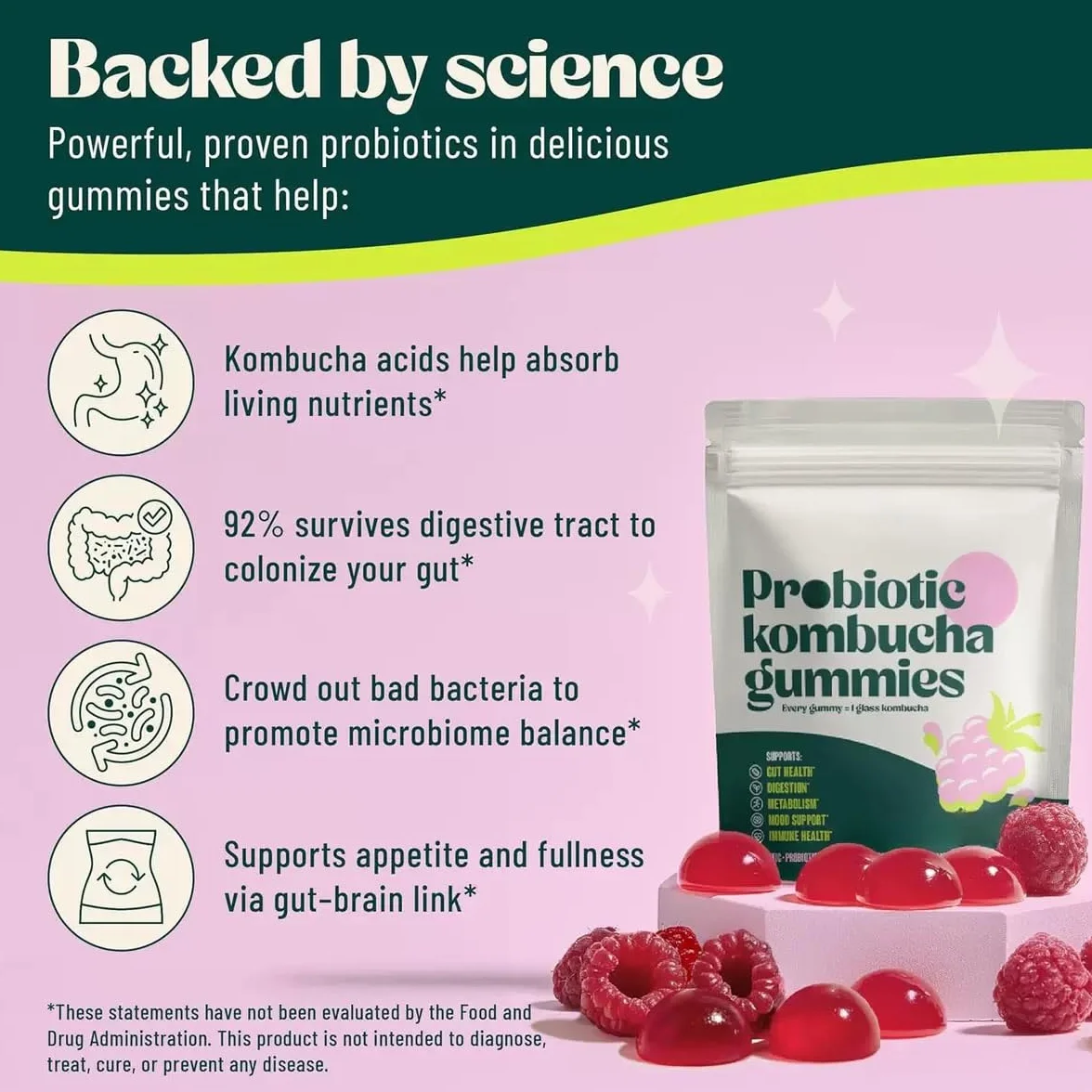 Gomita probiótica Kombucha: para hinchazón, salud intestinal, mujeres y hombres, vegana, sin OGM