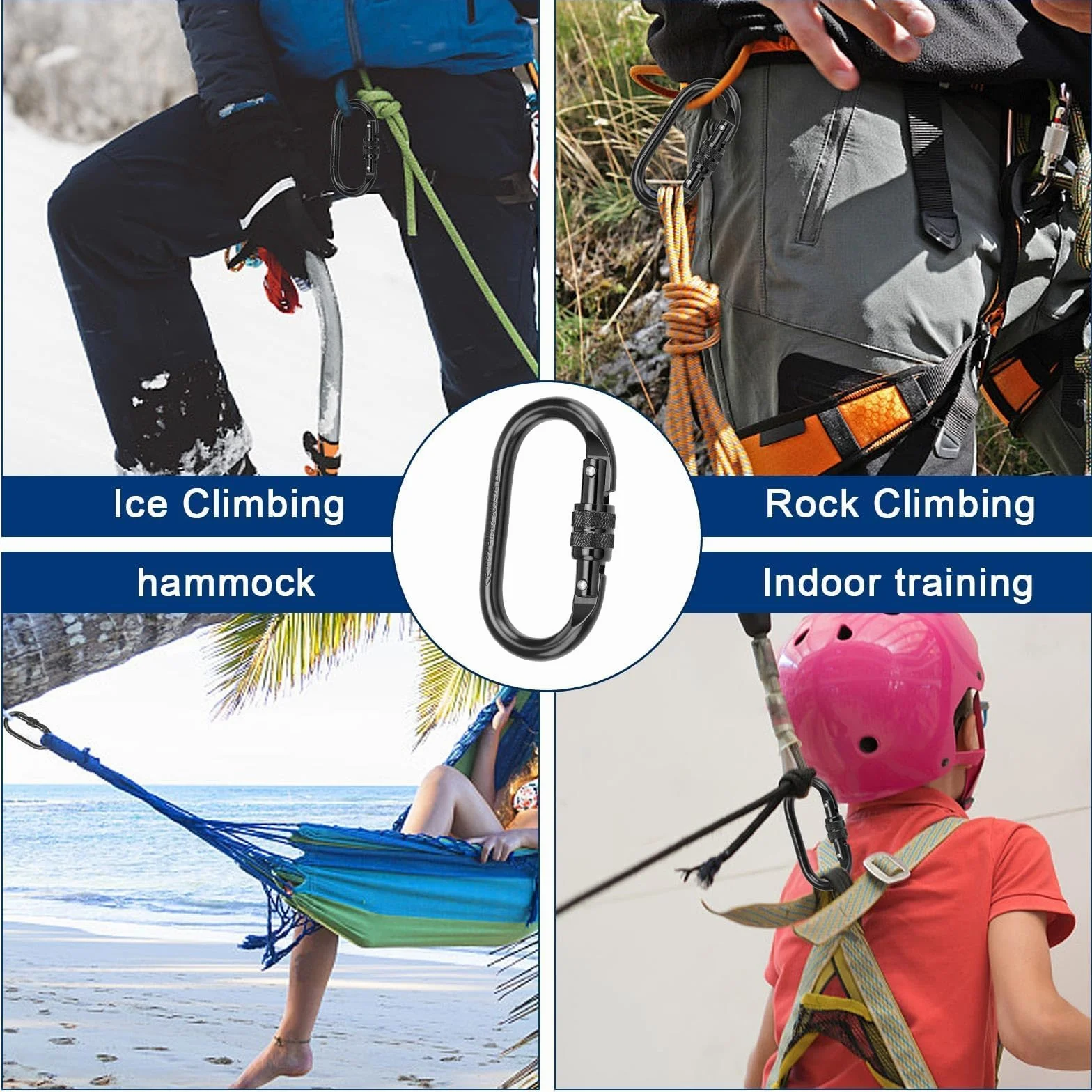 Mosquetón de escalada aleación de acero 25 KN 2500 kg negro seguridad 2 unidades