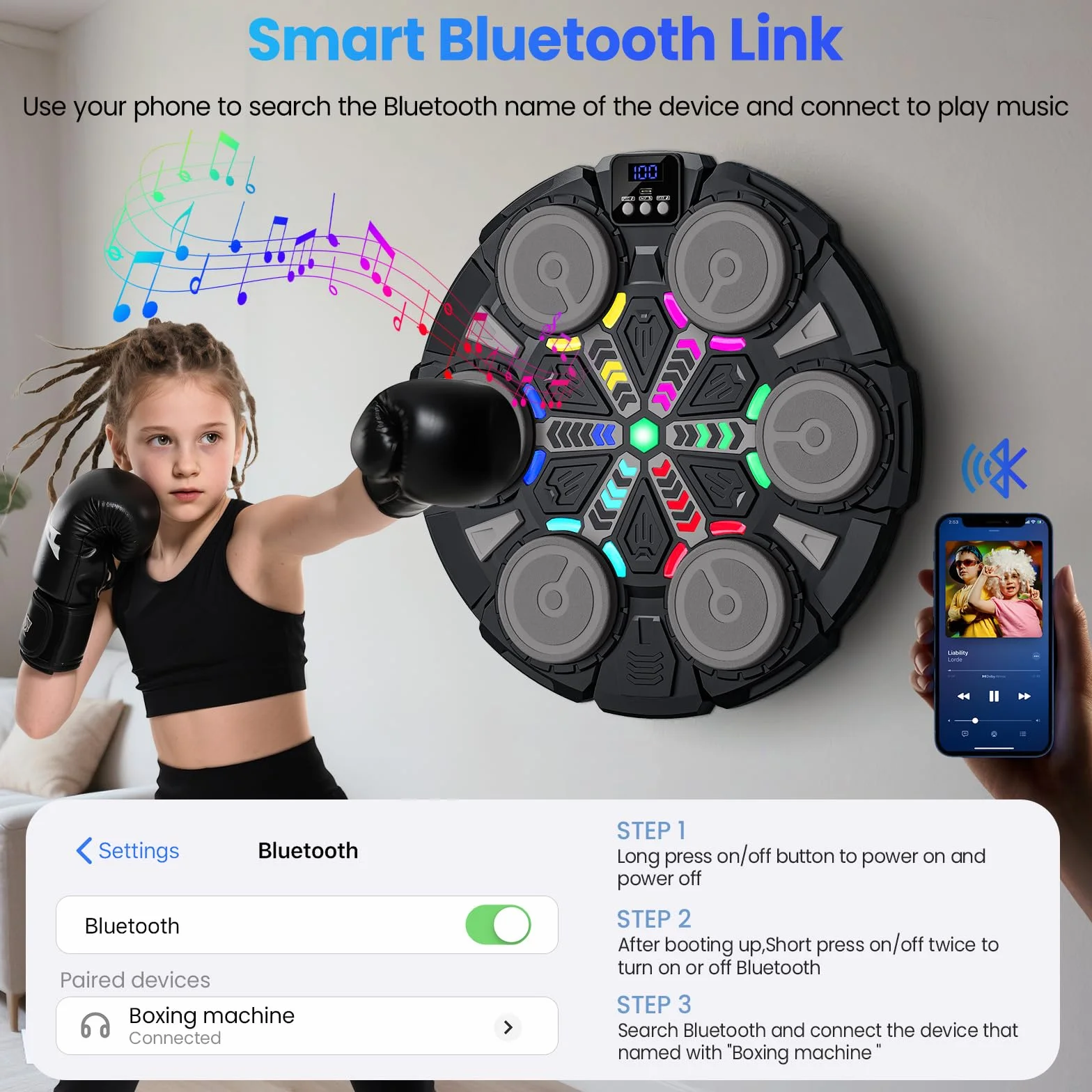 Maquina de Boxeo Musical Bluetooth con Guantes, Luces LED, 5 Velocidades, Entrenamiento Multimodo
